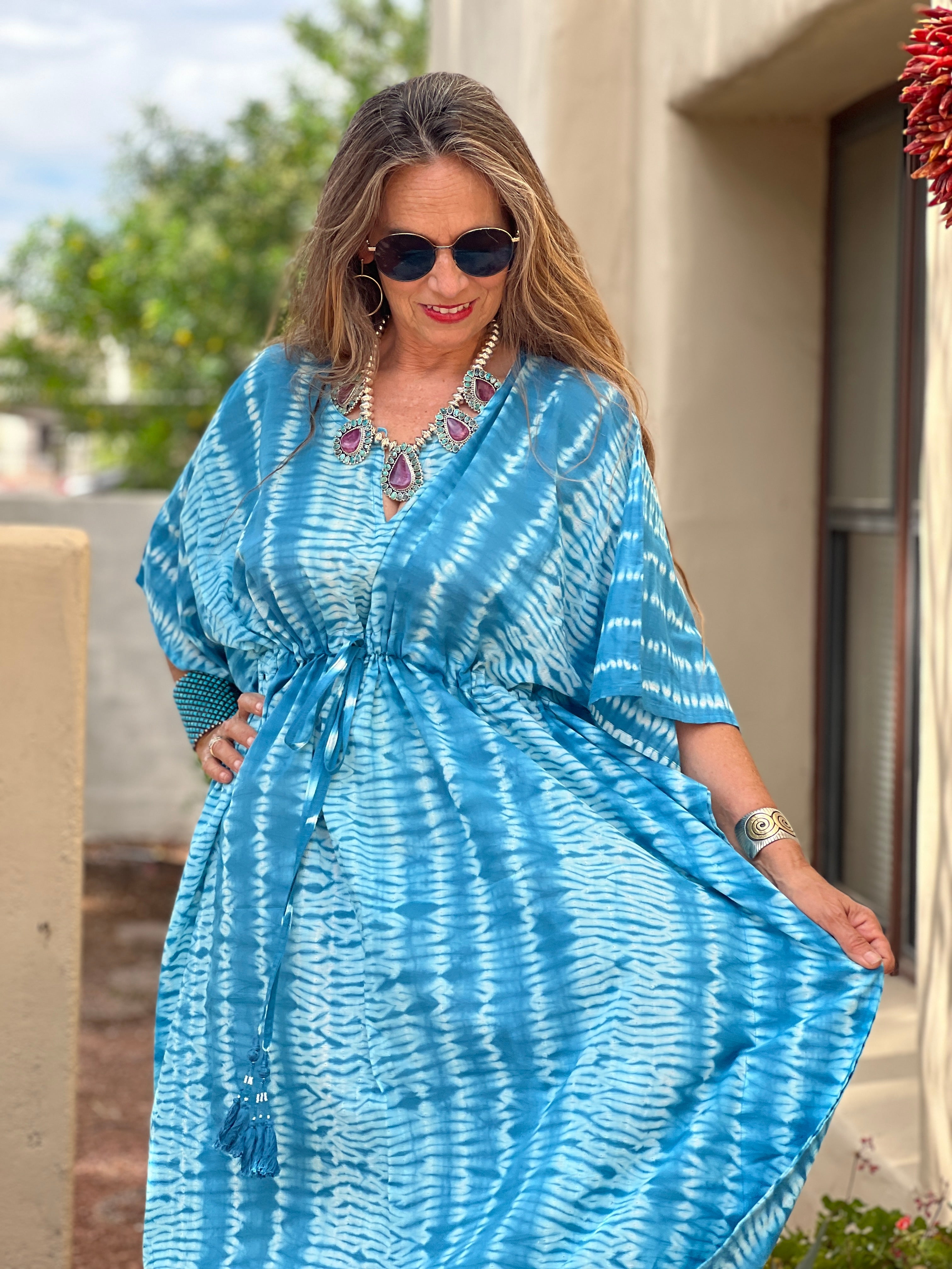 Corfu Teal Needle Shibori Maxi Kaftan Dress