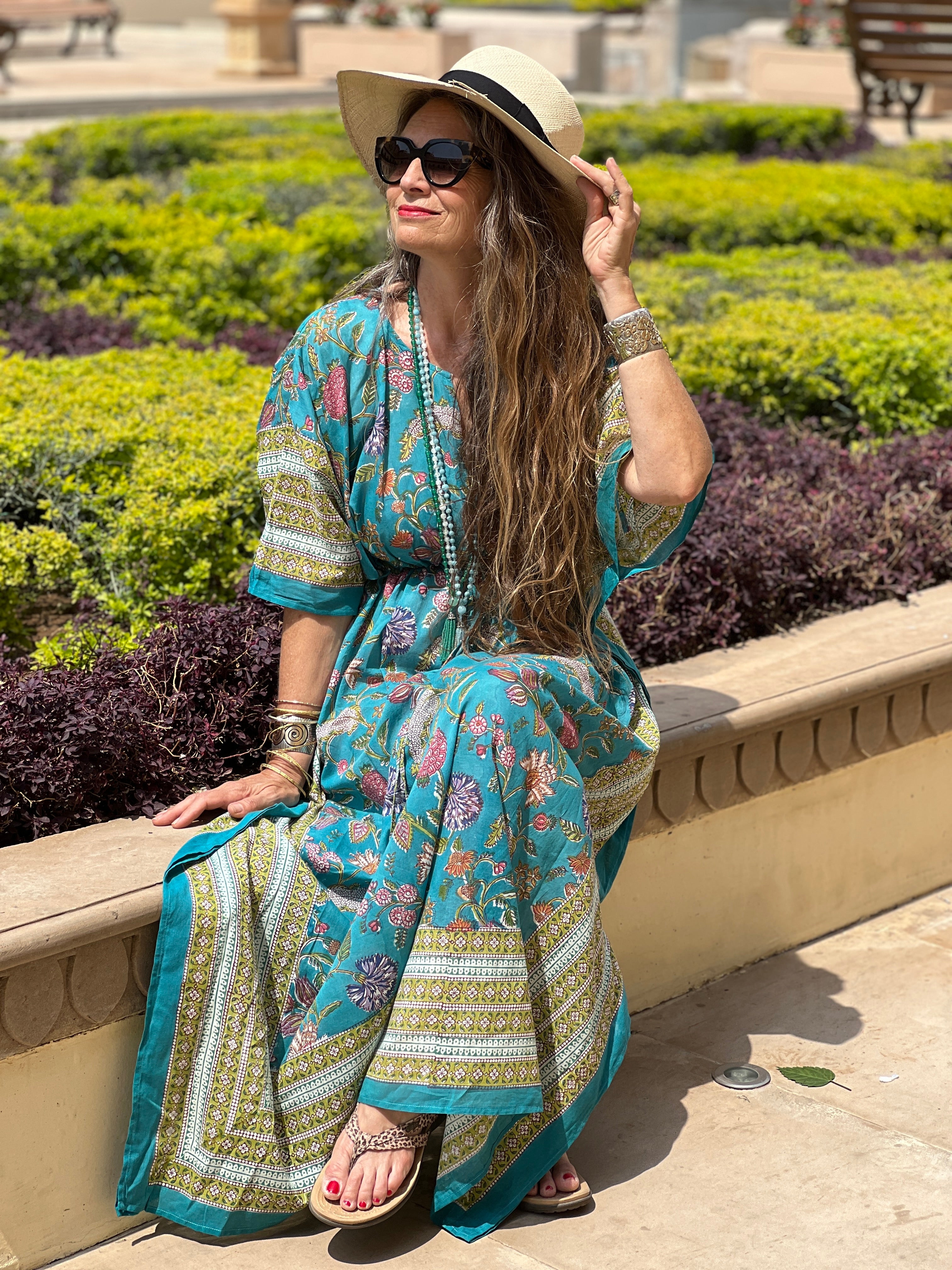 teal block printed floral maxi kaftan dress by pax philomena with intricate border and adjustable drawstring waist with intricate tassels