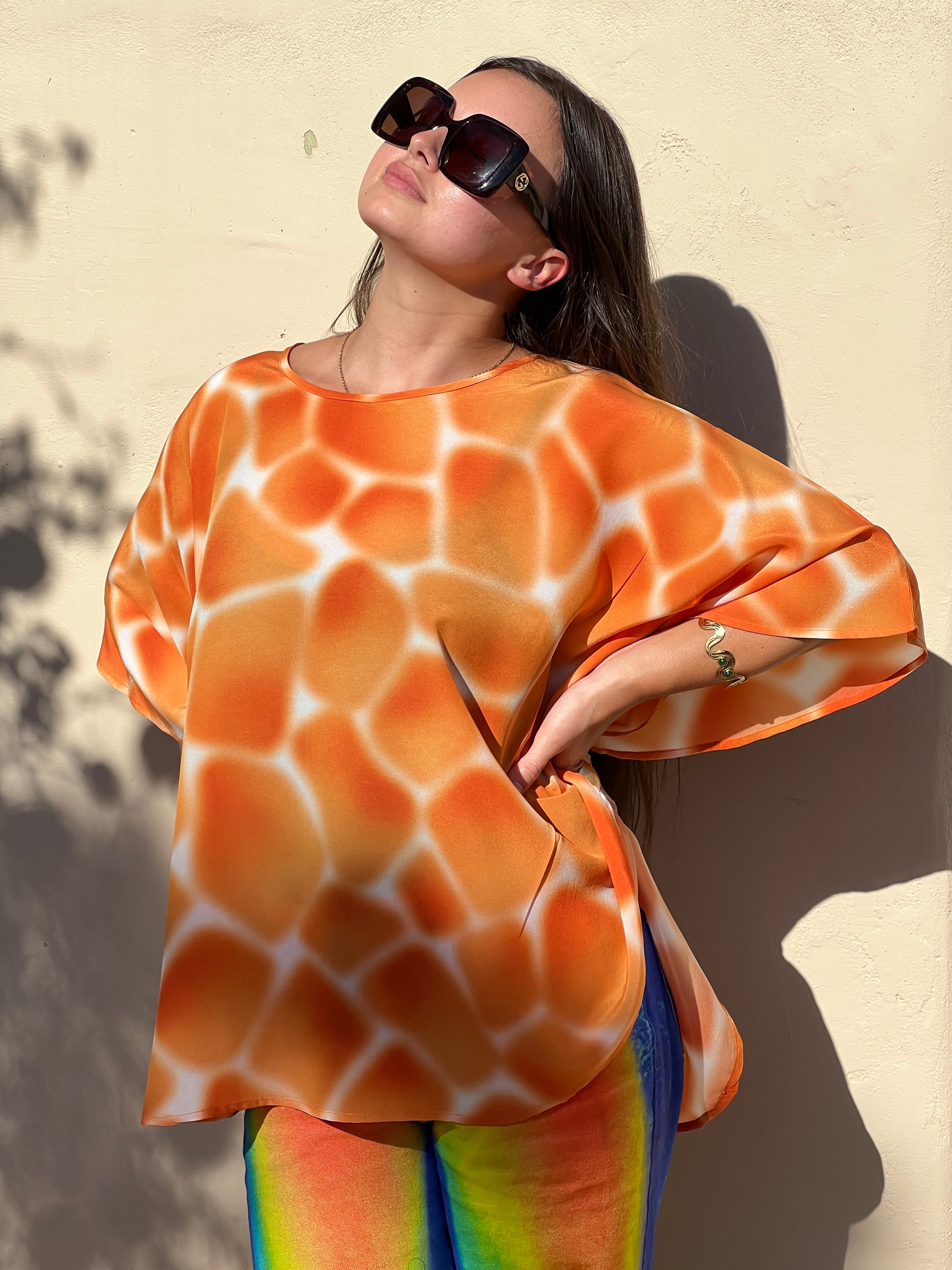 Zirafa Giraffa Orange Italian Silk Poncho