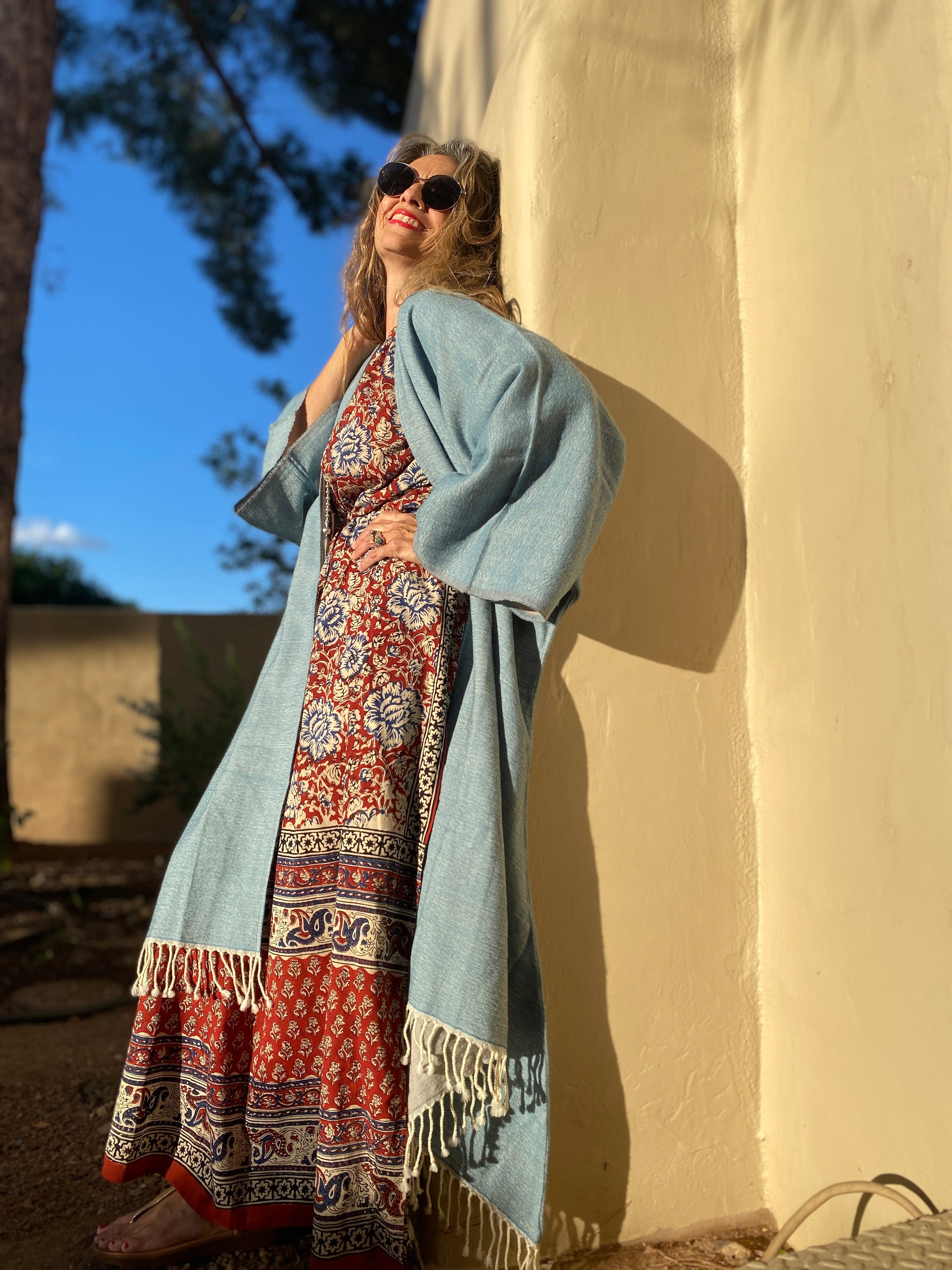 Bluette/Beige Boiled Wool Kimono Coat Reversible