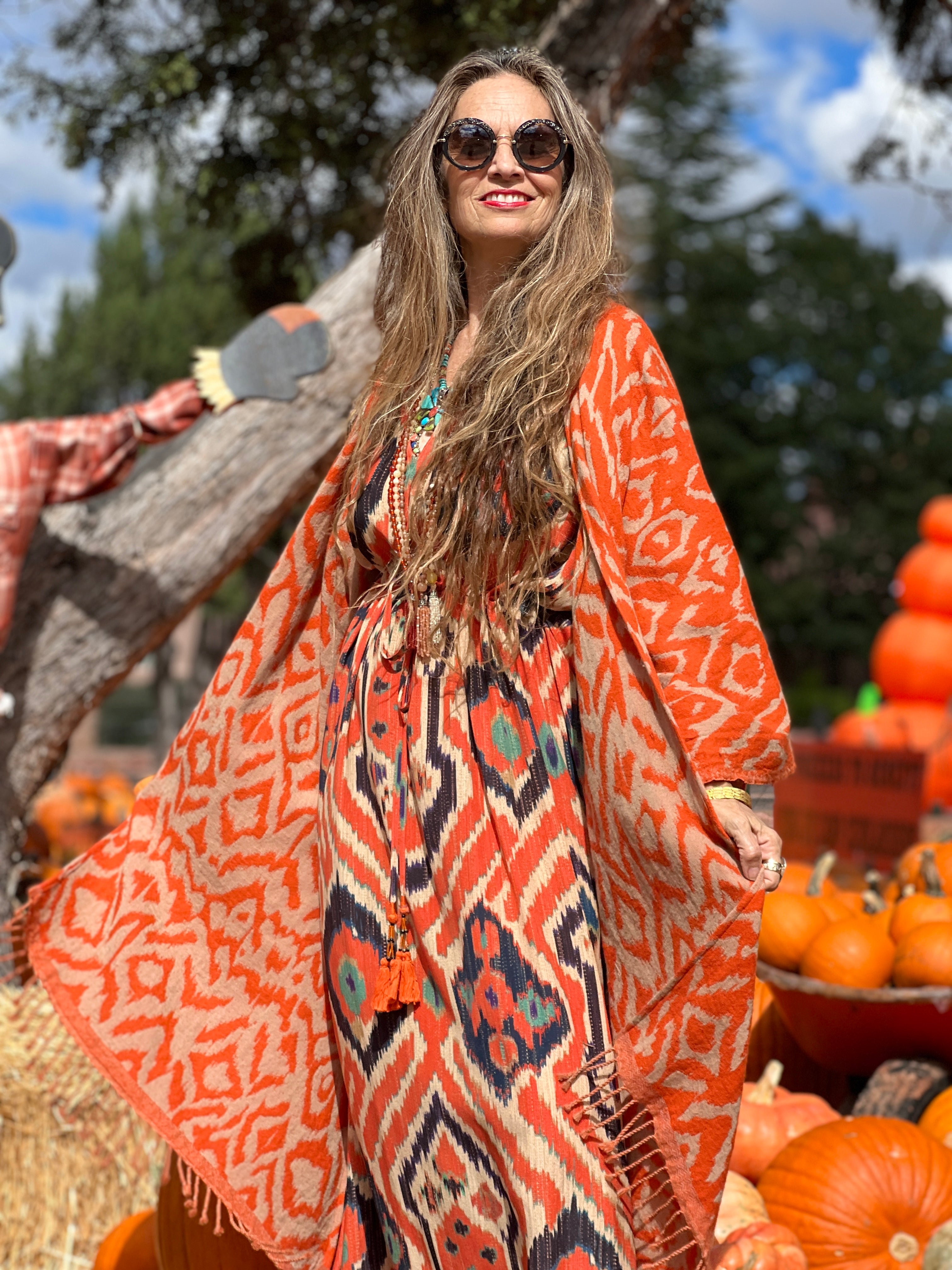 Cheryl Tangerine Ikat Boiled Wool Kimono Coat Reversible