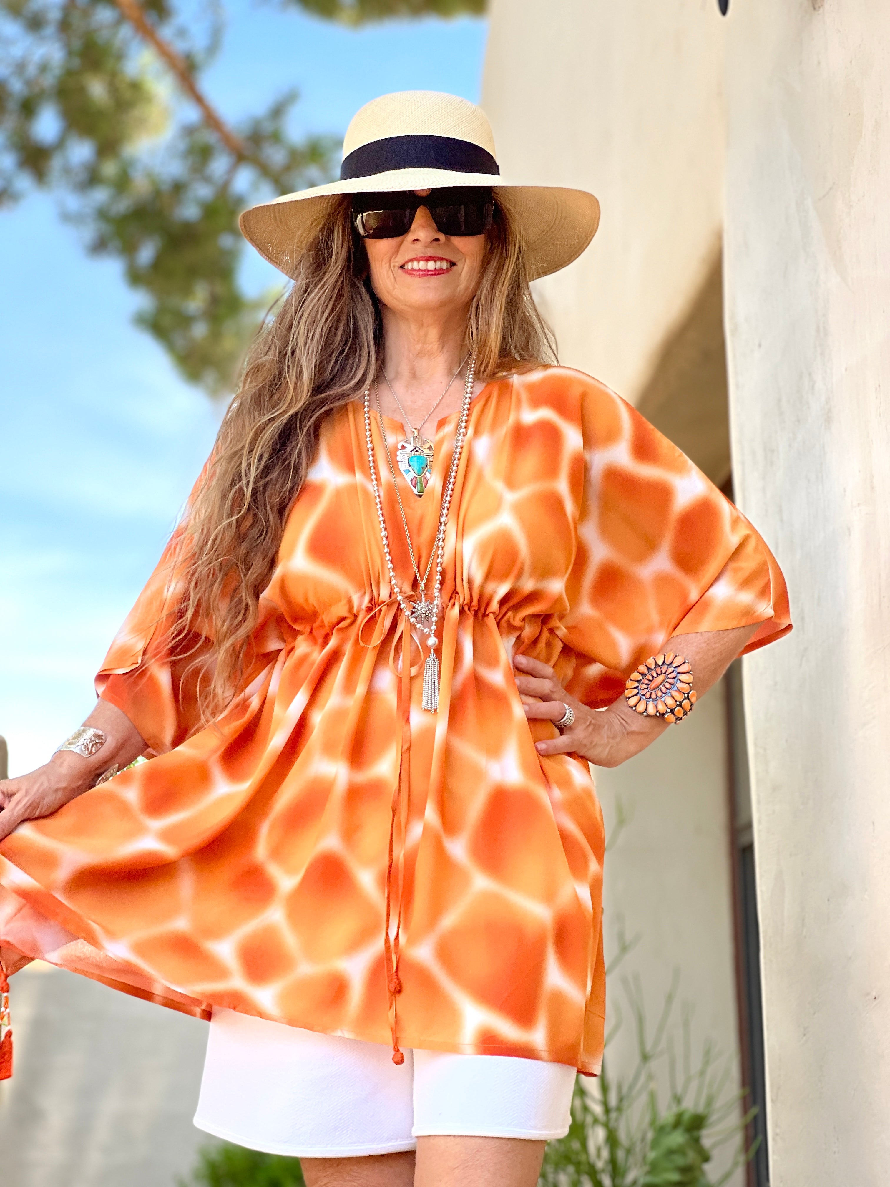 ZIRAFA GIRAFFA ORANGE ITALIAN SILK SHORT KAFTAN
