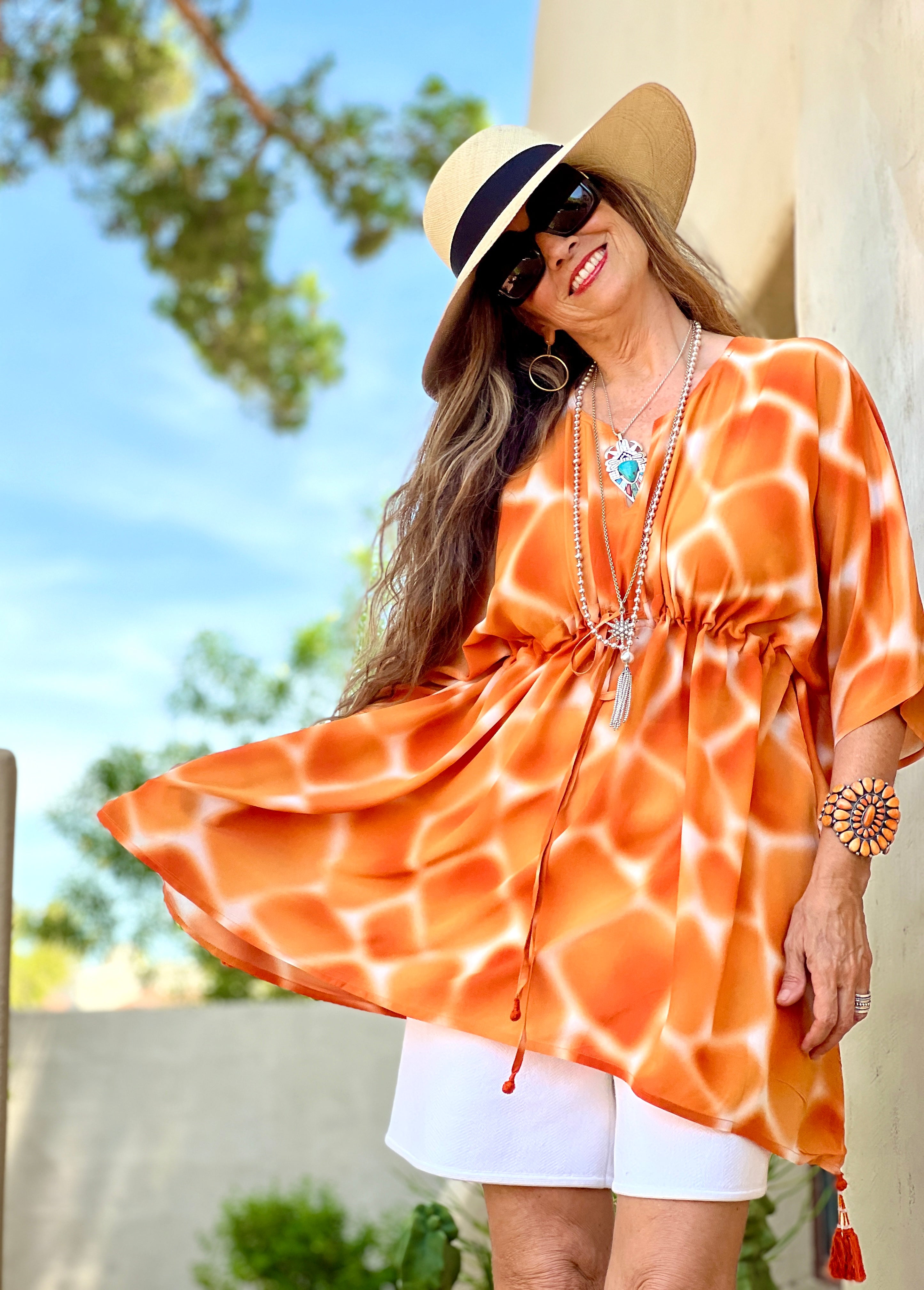ZIRAFA GIRAFFA ORANGE ITALIAN SILK SHORT KAFTAN