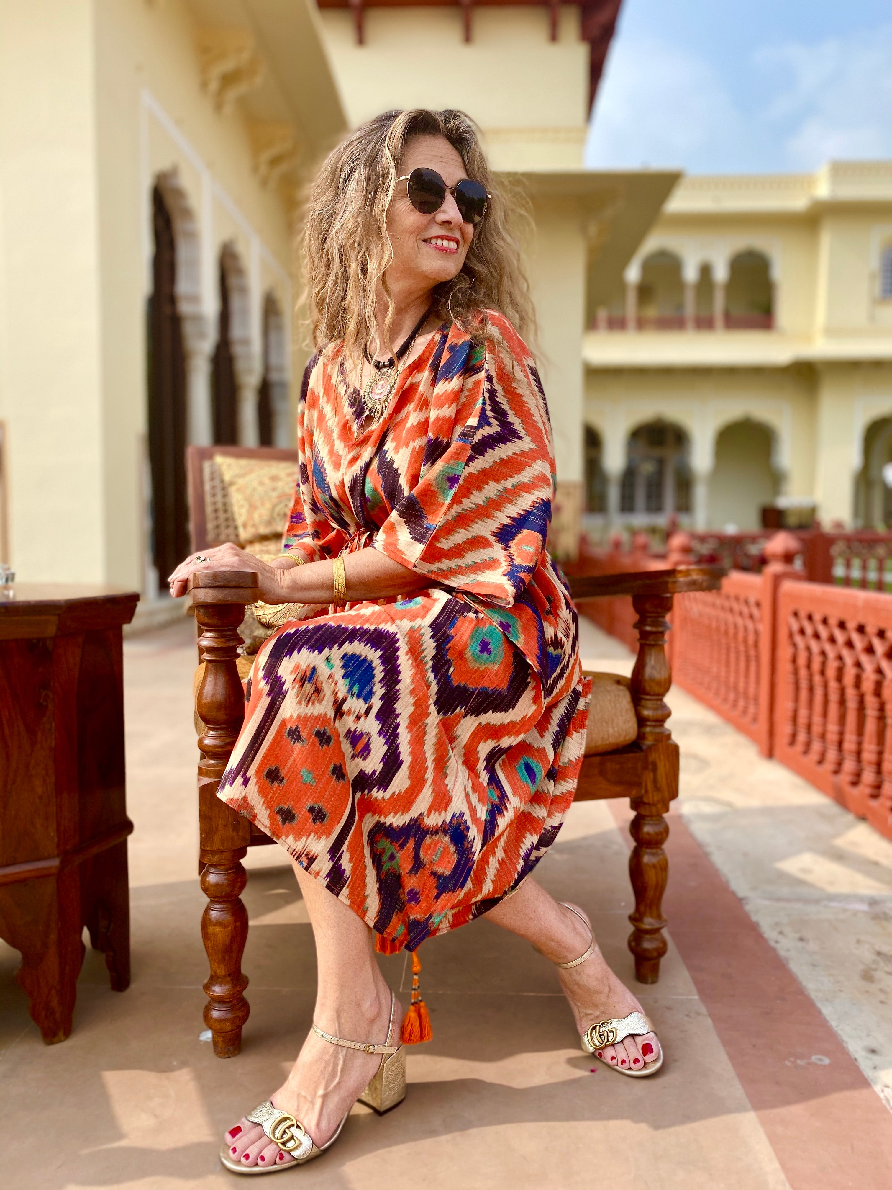 Angelo Tangelo Ikat Italian Silk Midi Kaftan Dress