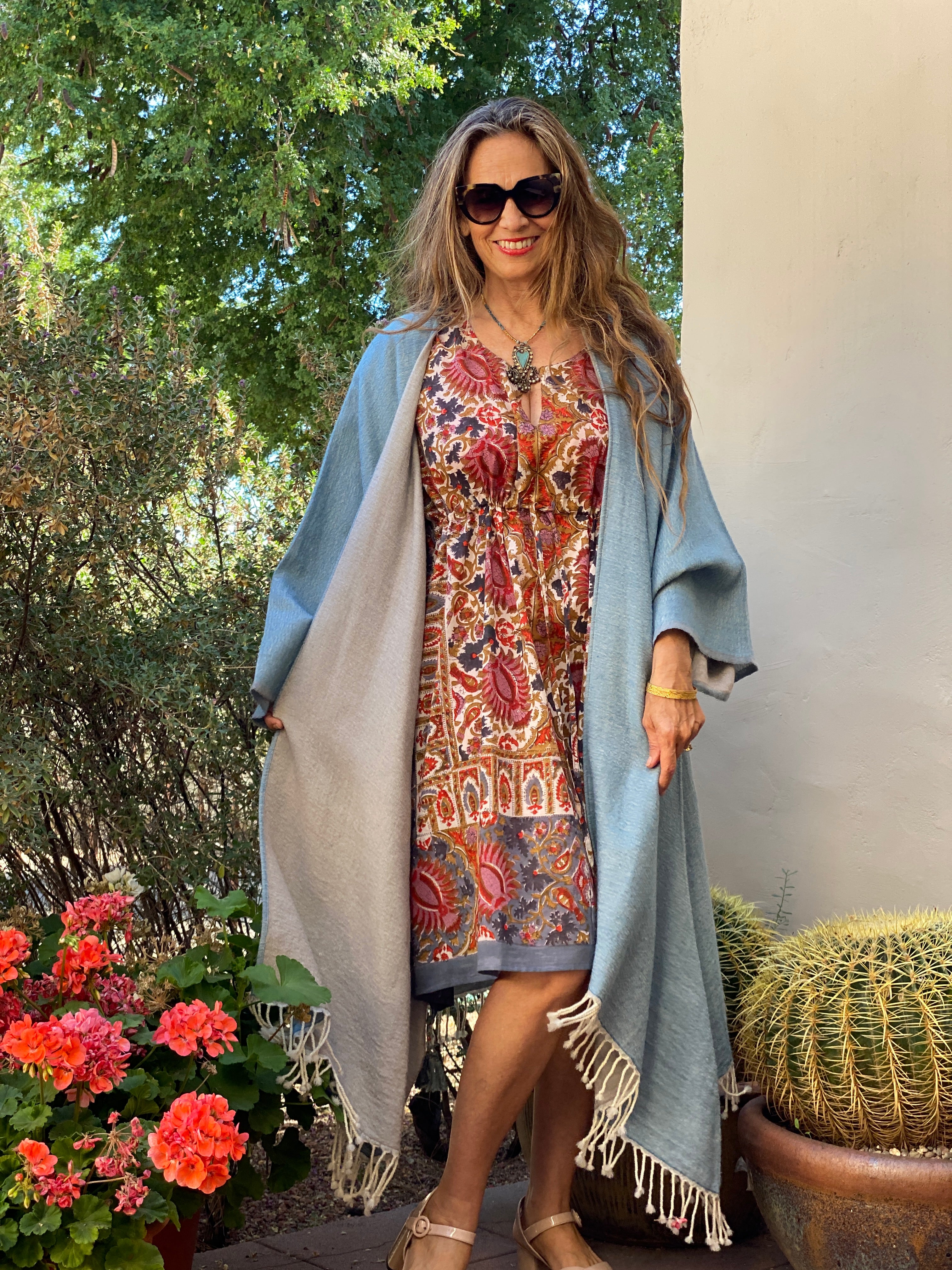 Bluette/Beige Boiled Wool Kimono Coat Reversible