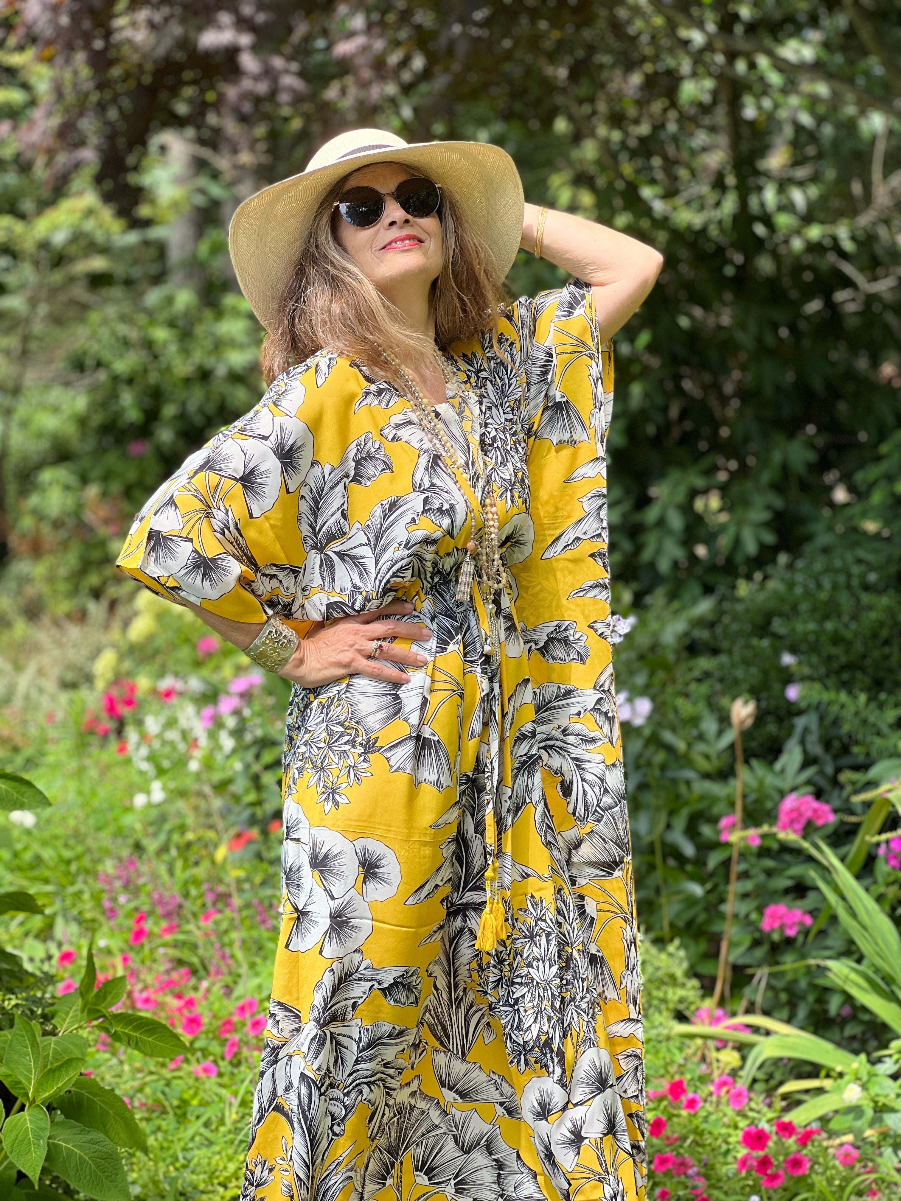 Giardino Giallo Italian Silk Maxi Kaftan Dress