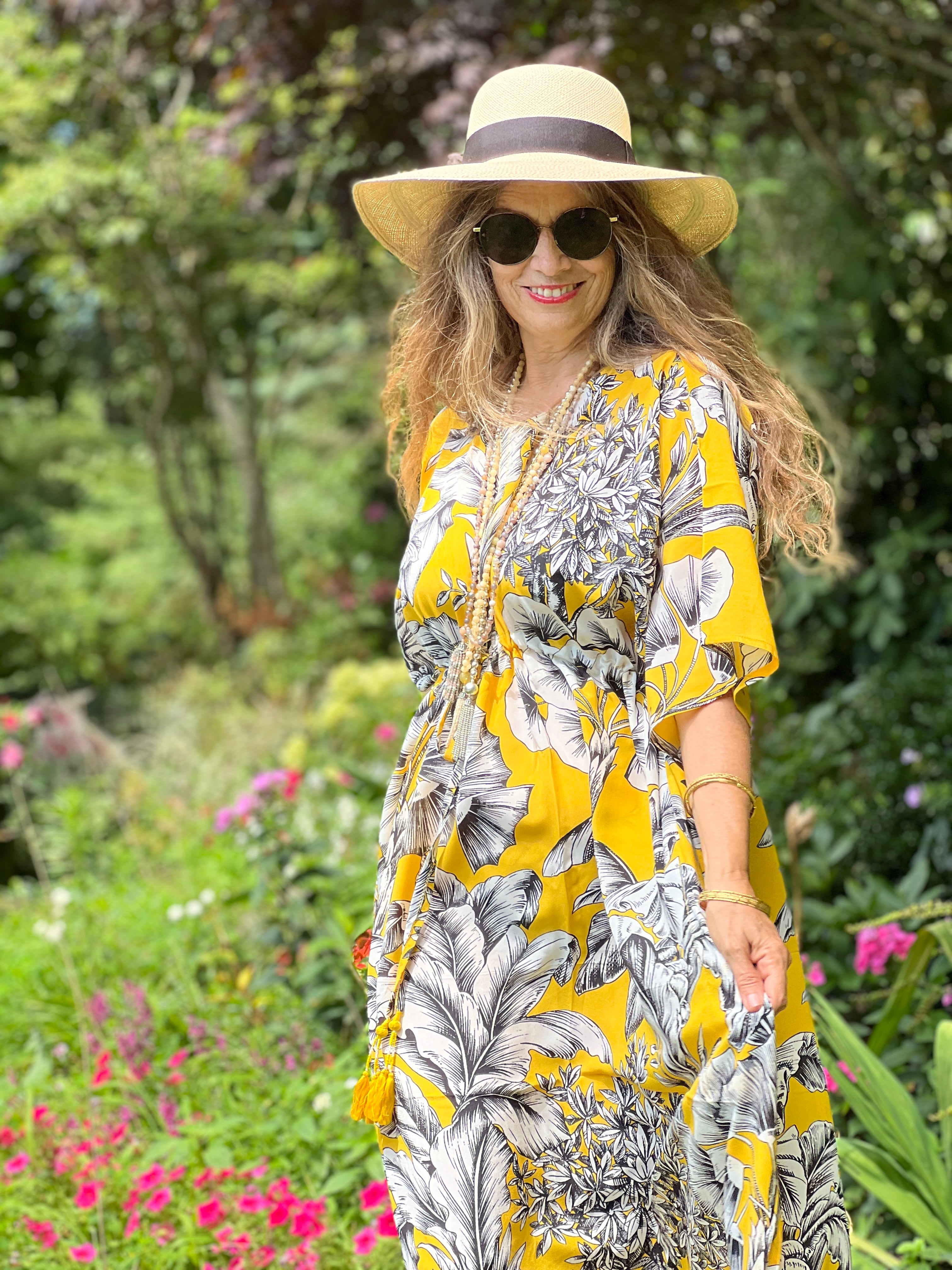 Giardino Giallo Italian Silk Maxi Kaftan Dress