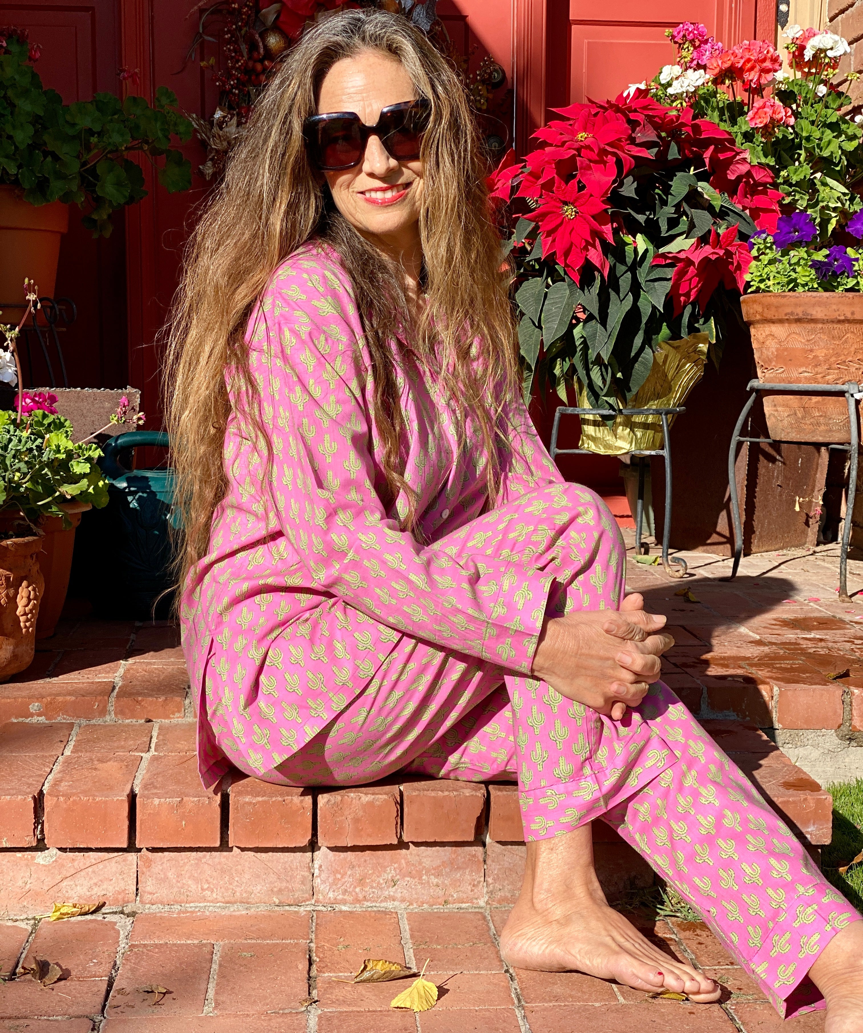Prickly Pax Pink Cactus Pajamas Long Sleeve Hand Printed