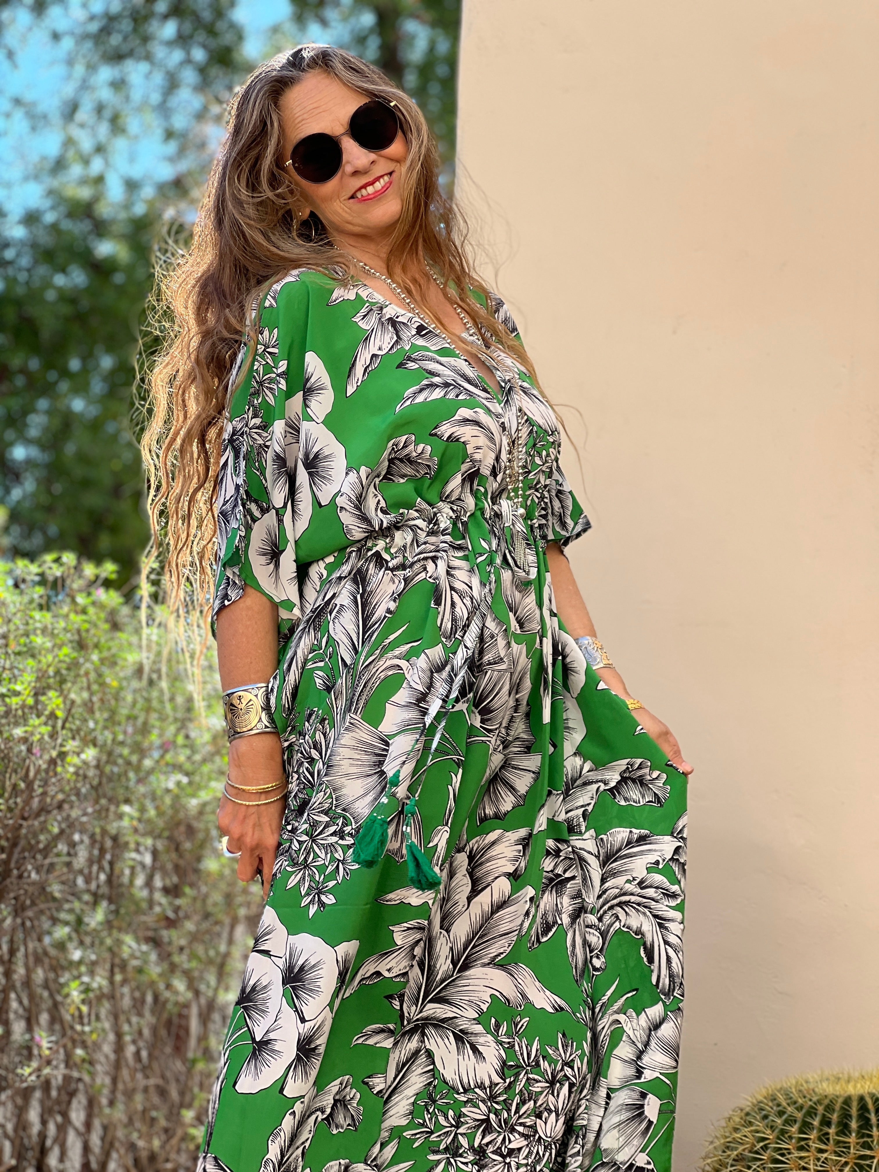 Giardino Verde Italian Silk Maxi Kaftan Dress