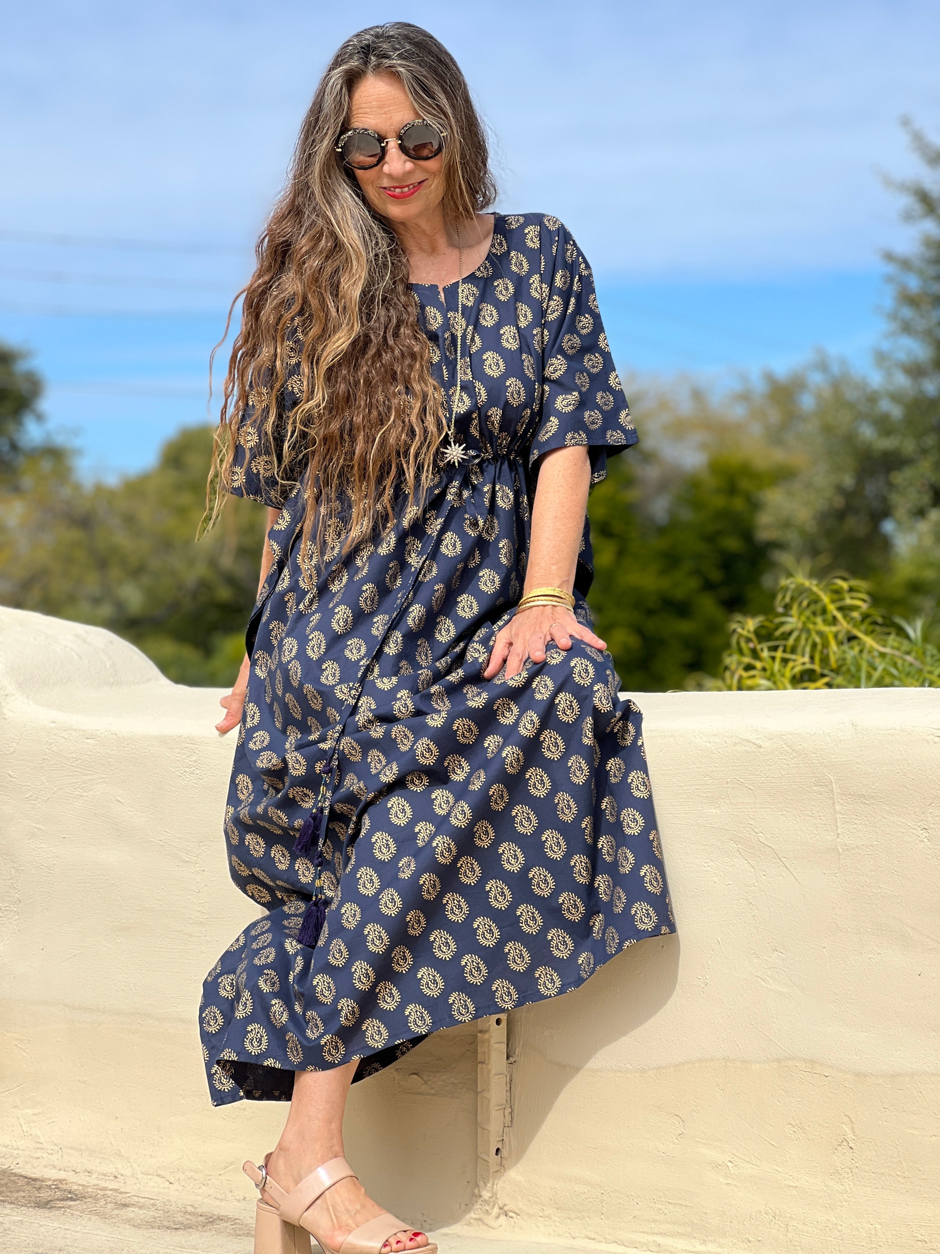 Nefertiti Navy Paisley Maxi Kaftan Dress