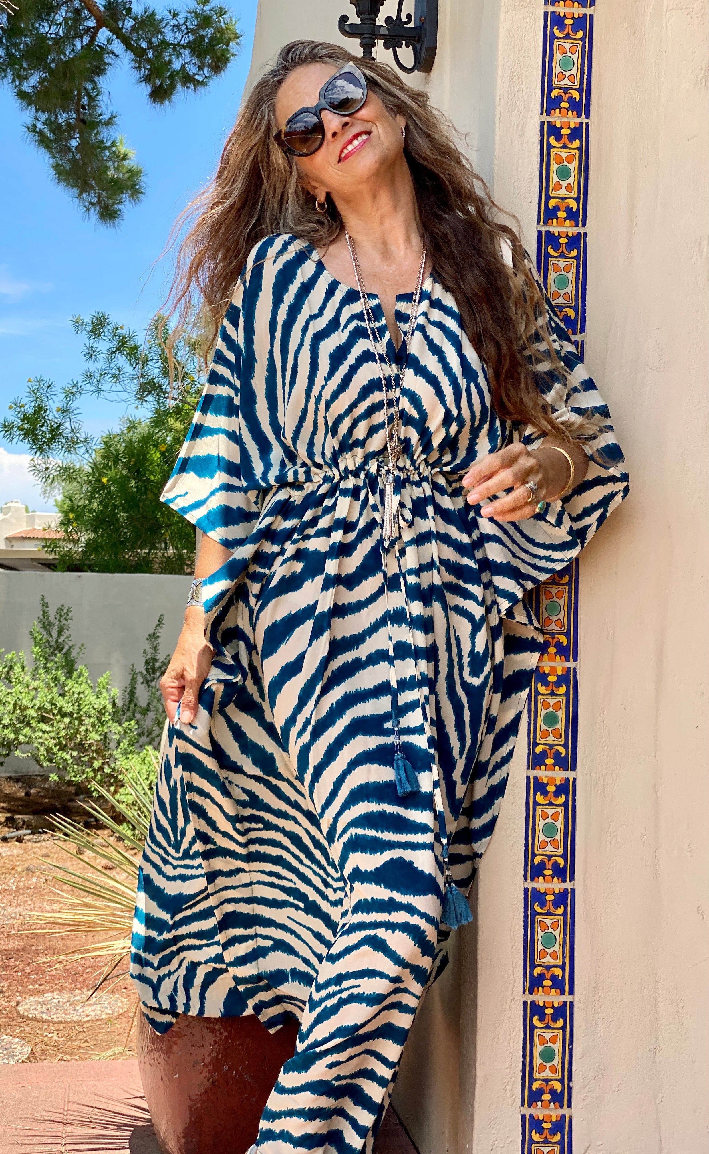 Zebra Petrolio Italian Silk Maxi Kaftan Dress