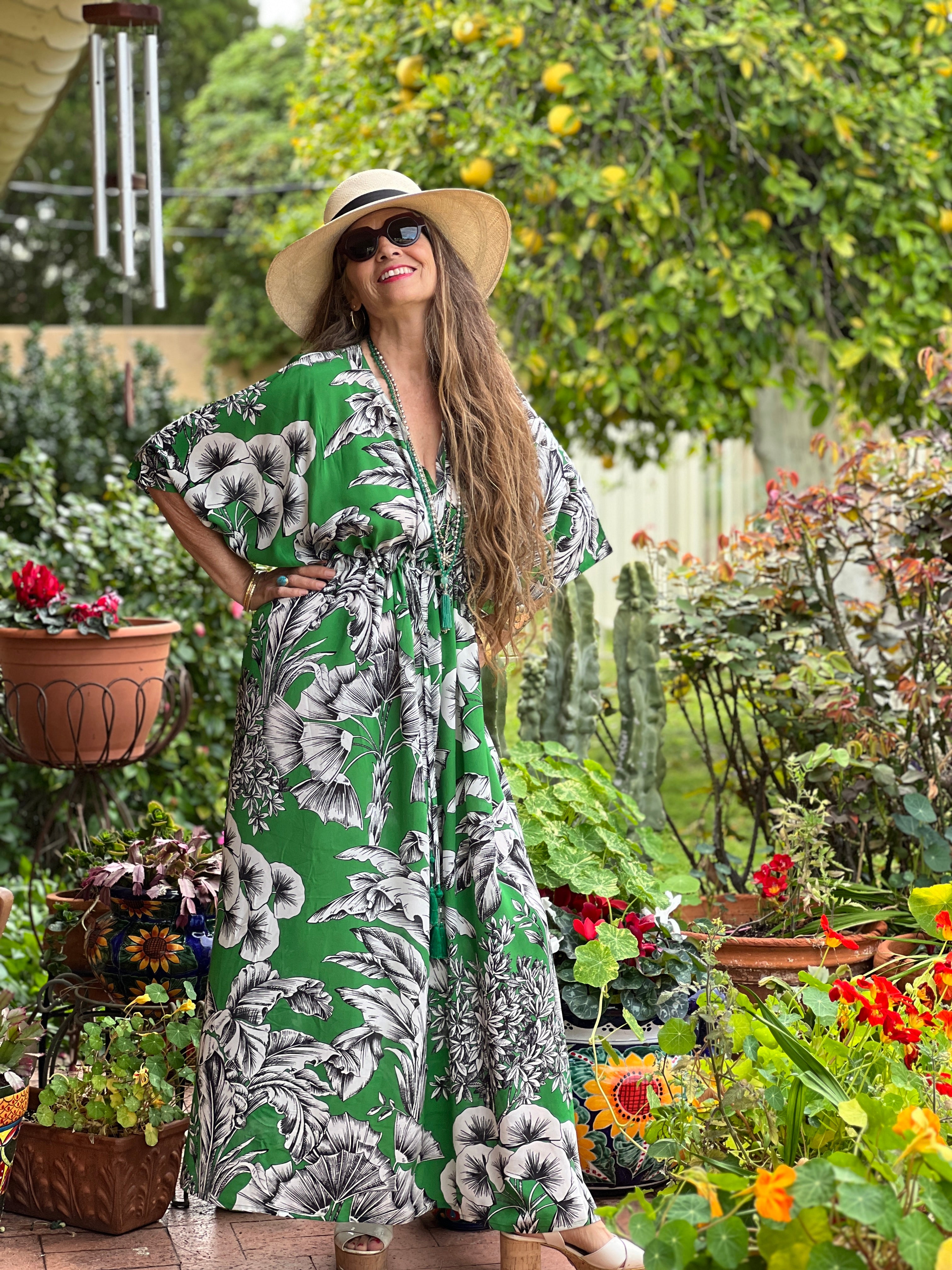 Giardino Verde Italian Silk Maxi Kaftan Dress