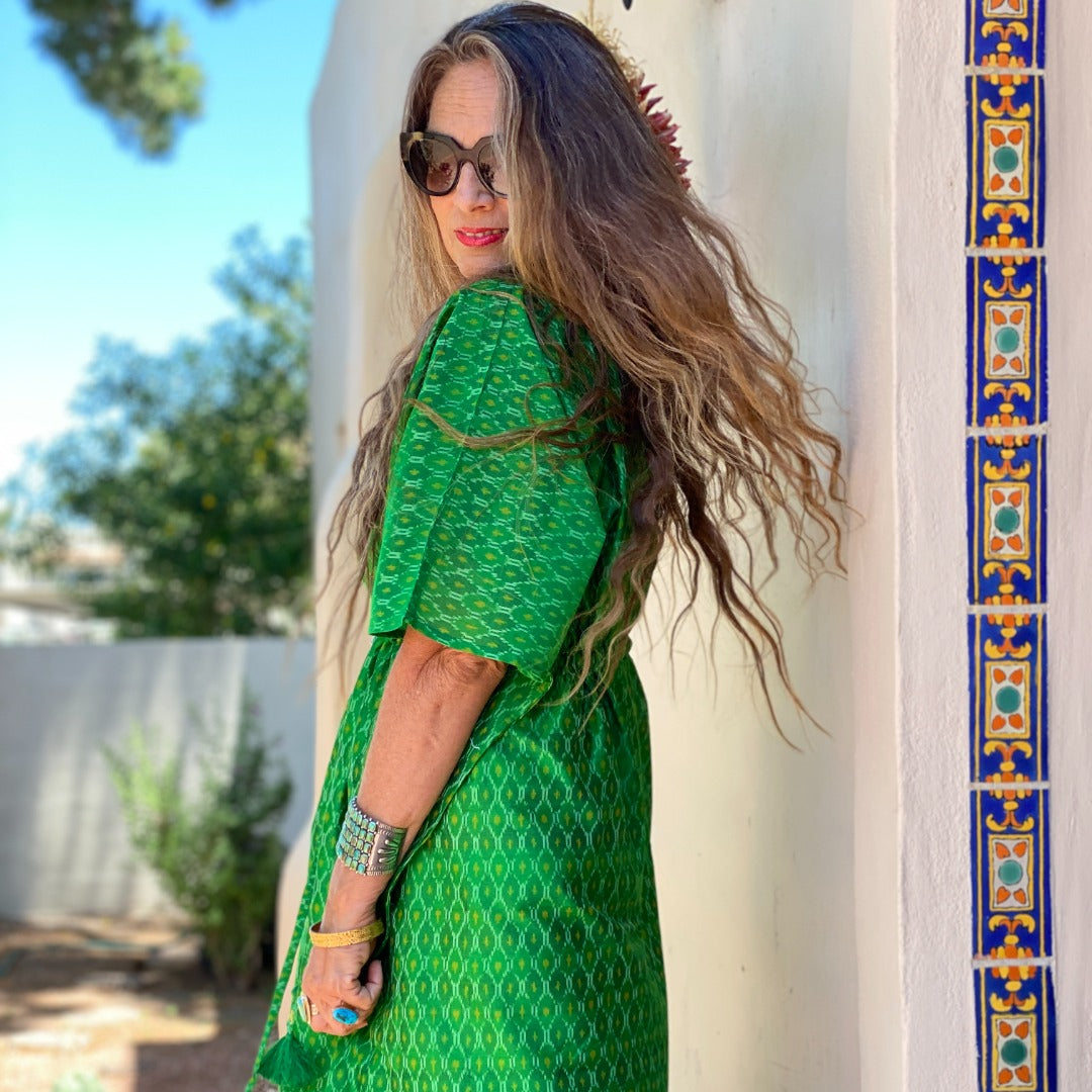 Costa Smeralda Emerald Maxi Dress Silk Cotton Handwoven Ikat