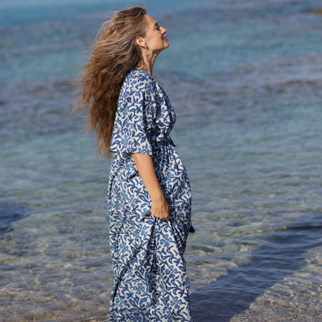 Hand Block Printed Pax Philomena Indigo Isadora Maxi Cotton Kaftan Dress at the Beach