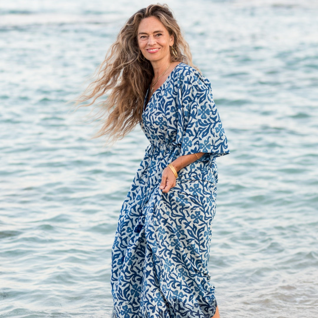 Hand Block Printed Pax Philomena Indigo Isadora Maxi Cotton Kaftan Dress at the Beach - Resort Wear Kaftans