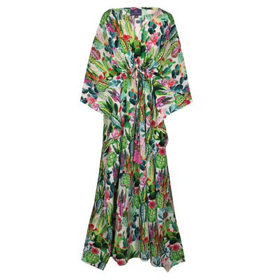 Primavera Cactus Italian Silk Maxi Kaftan Dress
