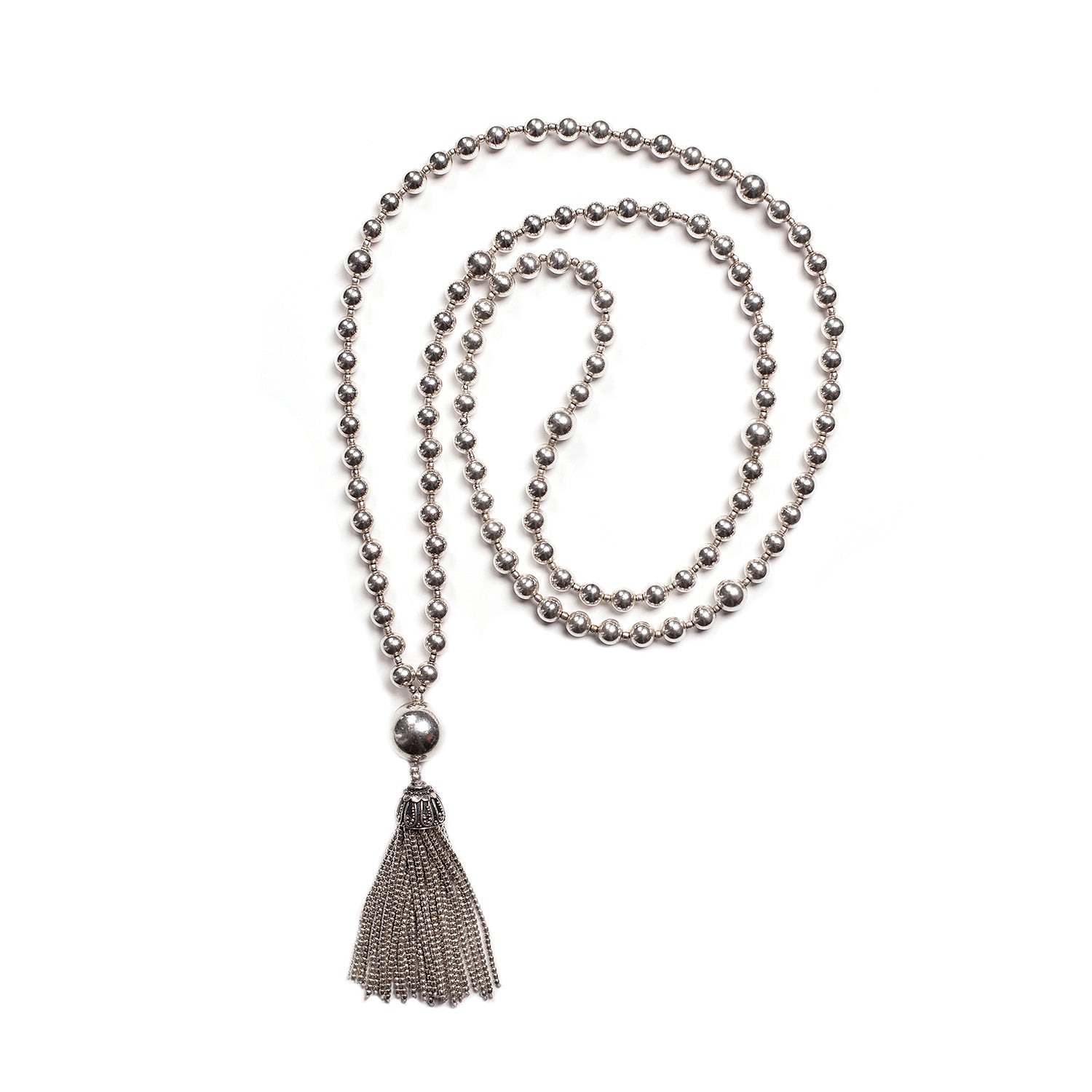 Pure Solid Silver Mala Tassel Necklace