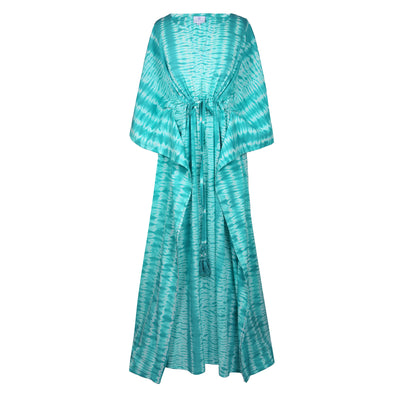 Tavolara Turquoise Needle Shibori Maxi Kaftan Dress Hand Tie-Dyed