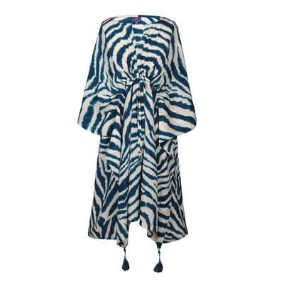 Zebra Petrolio Italian Silk Midi Kaftan Dress
