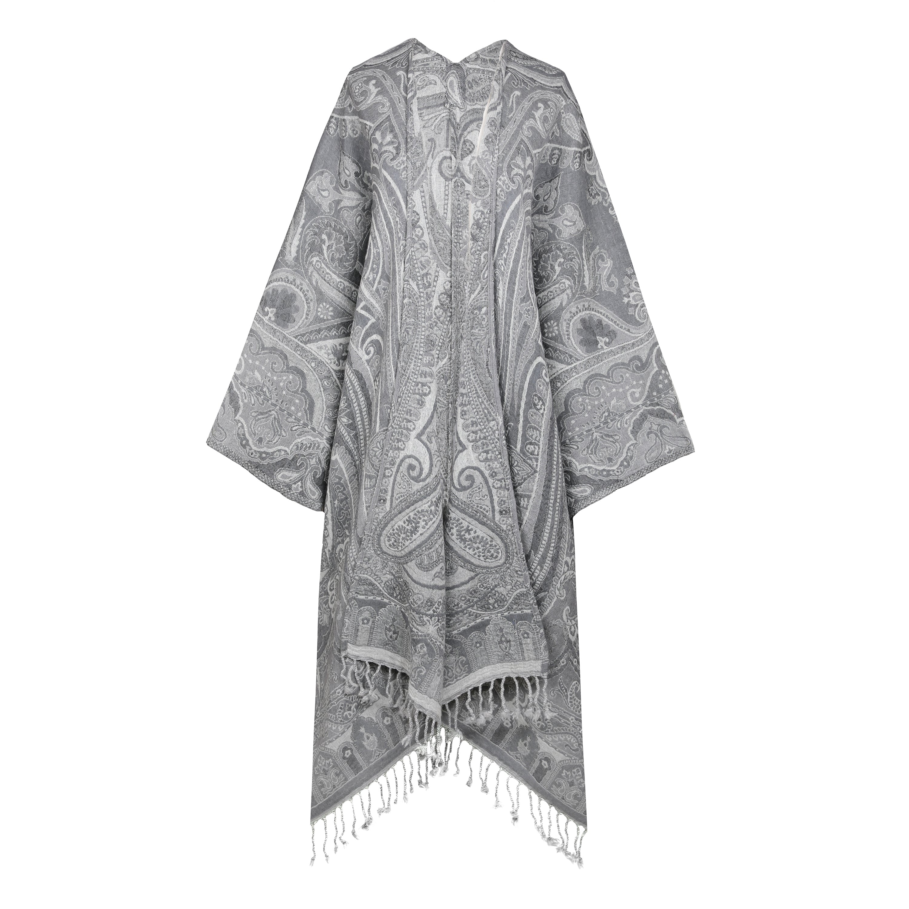 Pearl Grey Paisley Boiled Wool Kimono Coat Reversible