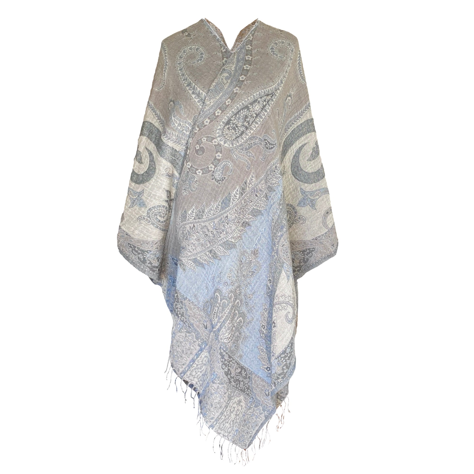 Powder Blue Paisley Wool Wrap Poncho