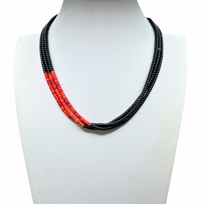 Coral and Black Jet Heishi Necklace Santo Domingo