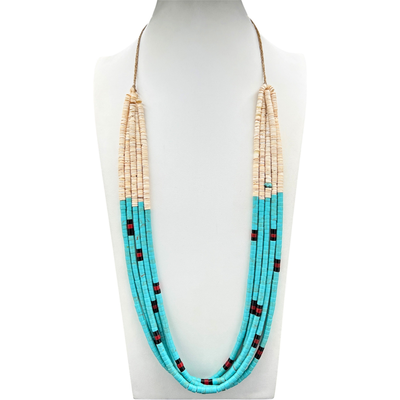 Turquoise, Clam Shell, and Coral Heishi Necklace Santo Domingo