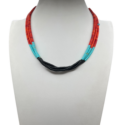 Turquoise, Apple Coral, Black Jet Heishi Necklace Santo Domingo