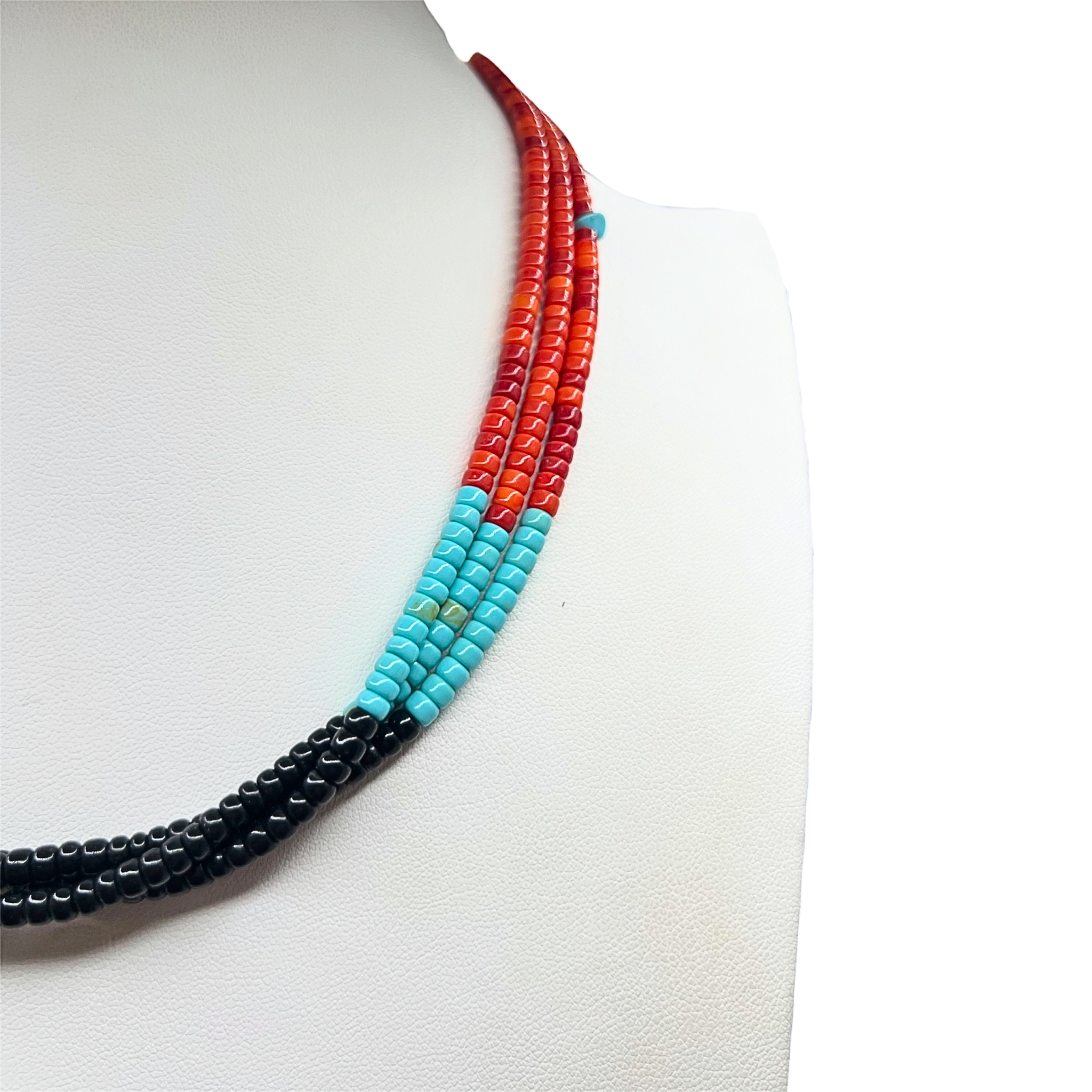 Turquoise, Apple Coral, Black Jet Heishi Necklace Santo Domingo