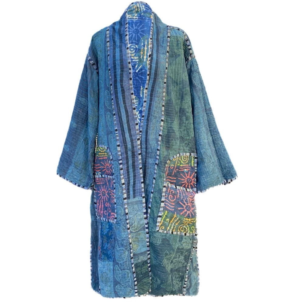 Aesha Indigo Cotton Vintage Quilted Kantha Coat ONE OF KIND