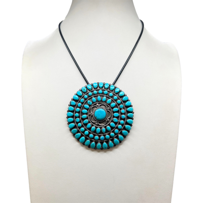 Vintage Large Navajo Turquoise Cluster Sterling Silver 3" Pendant Necklace