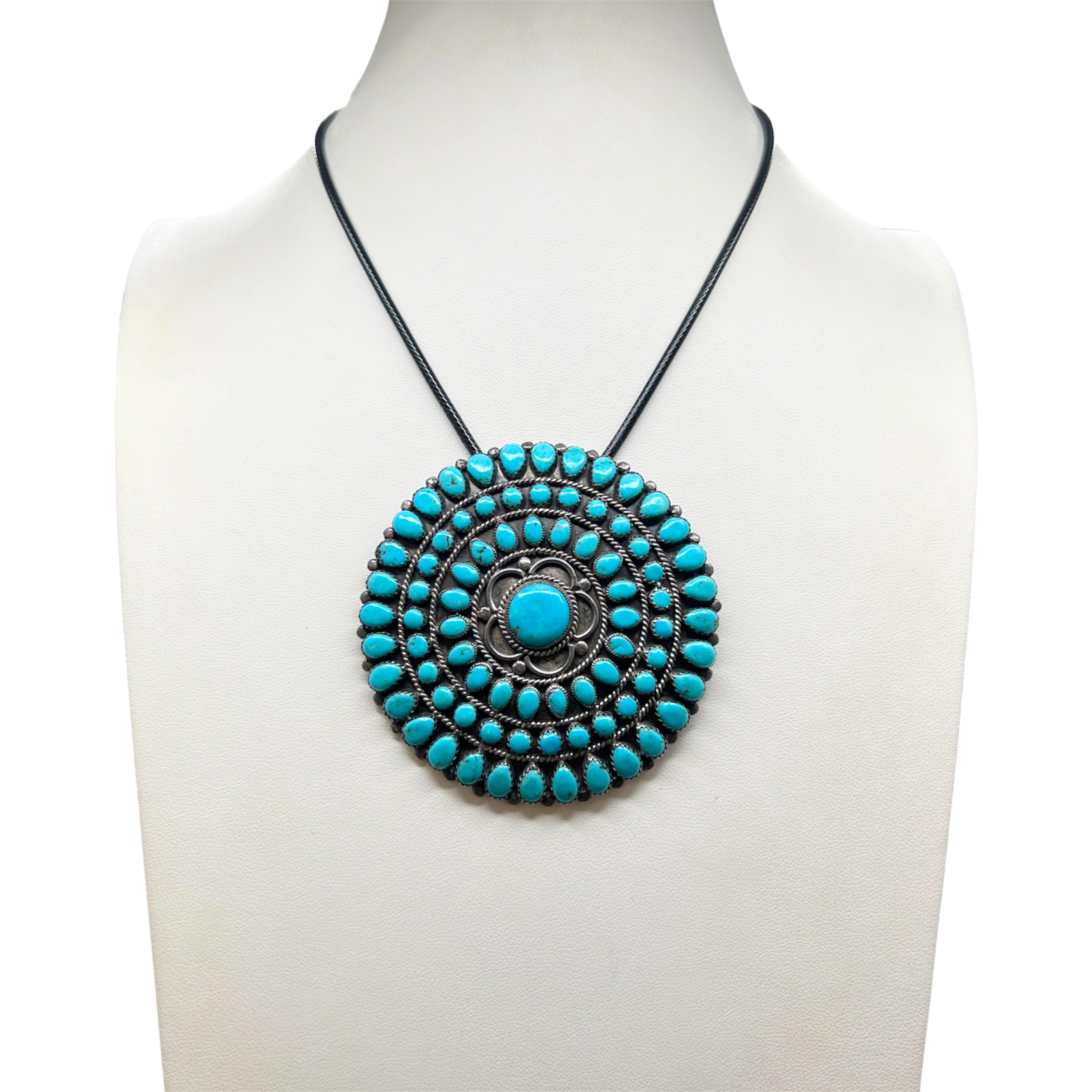 Vintage Large Navajo Turquoise Cluster Sterling Silver 3" Pendant Necklace
