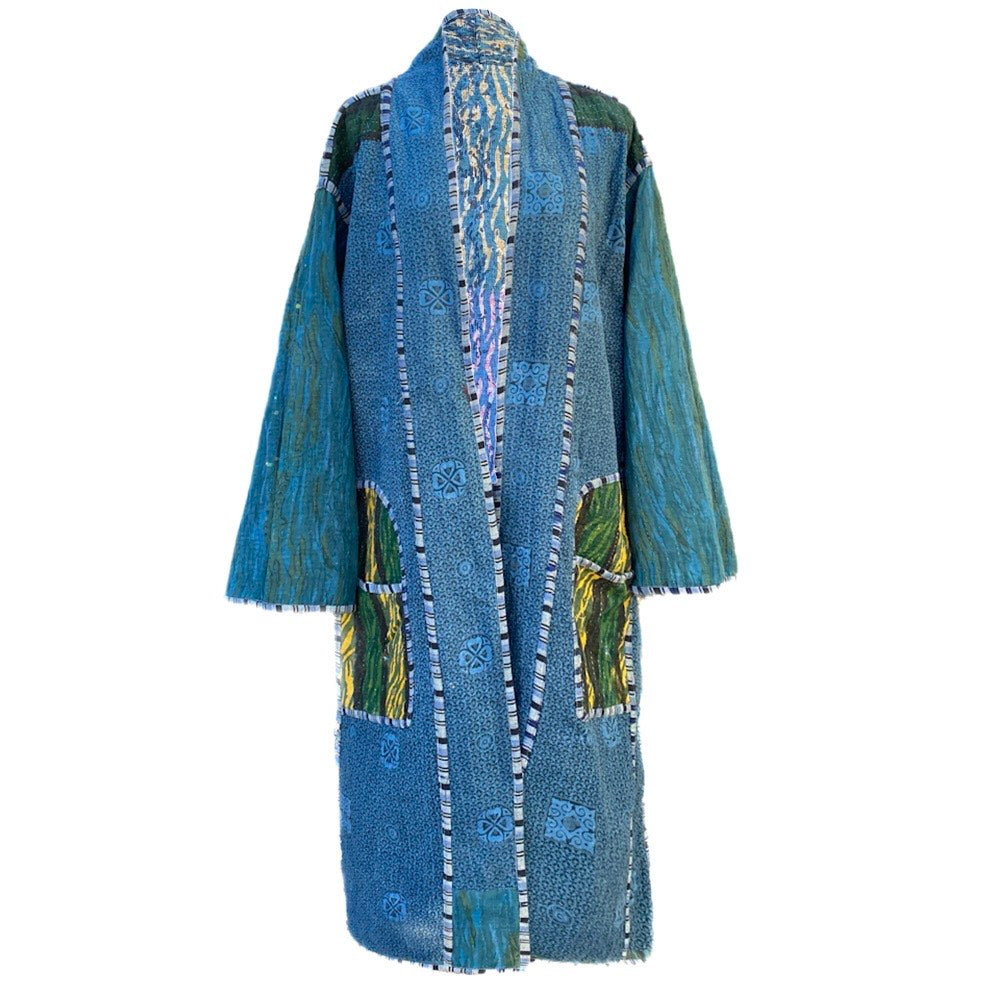 Elodea Indigo Cotton Vintage Quilted Kantha Coat ONE OF KIND