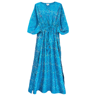 Tejas Turquoise Silk Cotton Ikat Maxi Kaftan Dress  ONLY ONE AVAILABLE
