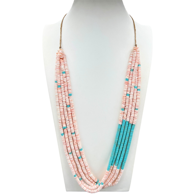Pink Clam Shell and Turquose Heishi Necklace Santo Domingo Pueblo
