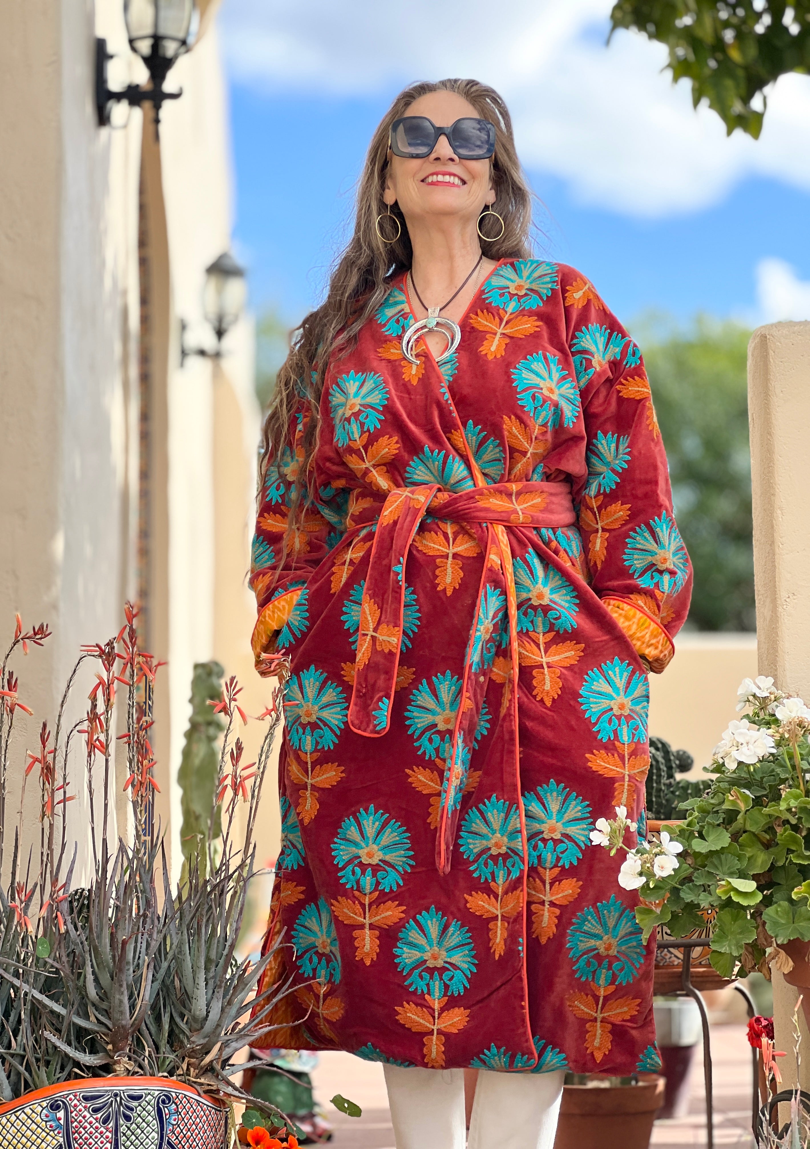 Sherobod Persimmon Velvet Suzani Coat