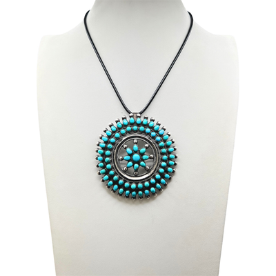 Vintage Large Zuni Silver and Turquoise Cluster Pin Pendant Necklace