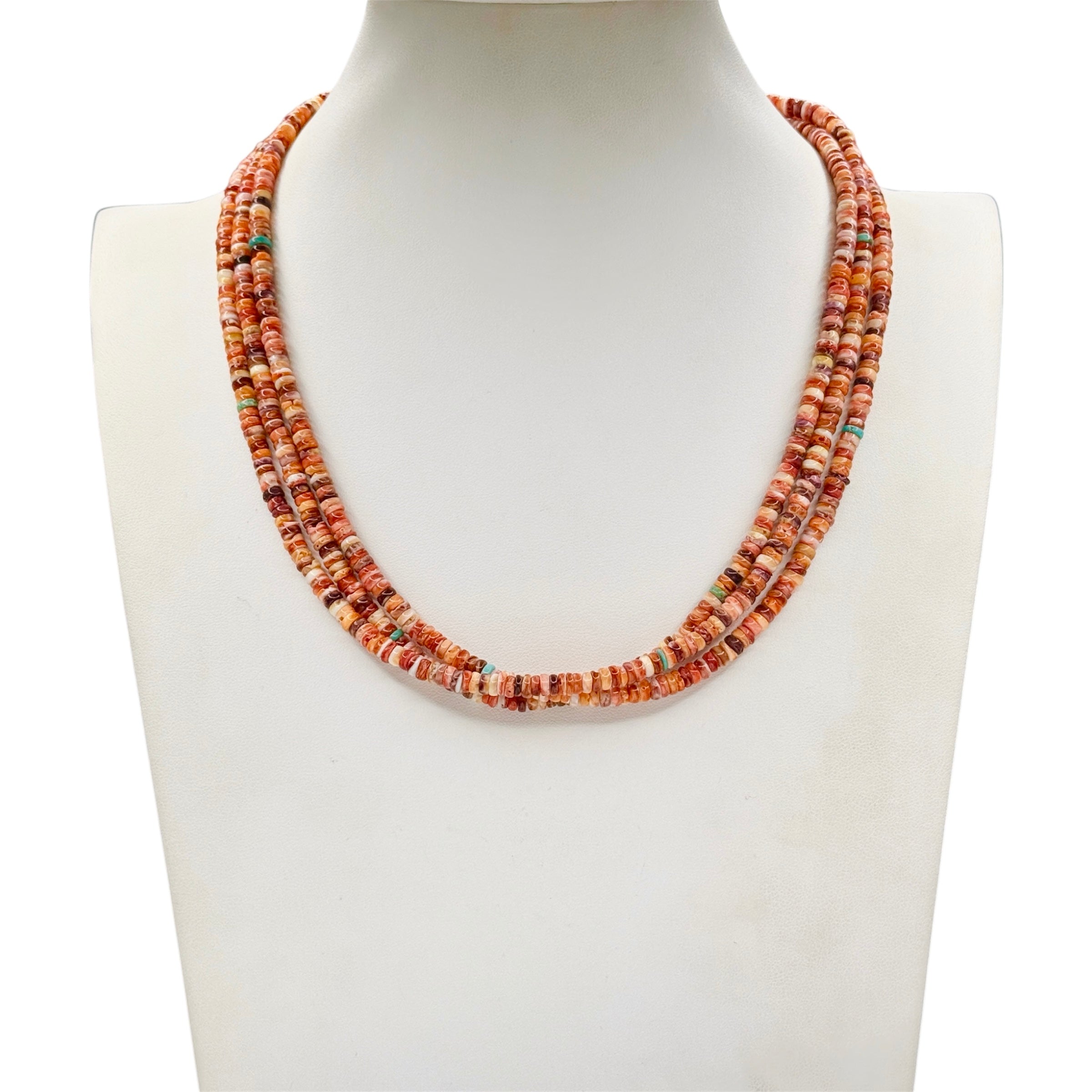 Orange Spiny Oyster Three Strand Heishi Style Necklace