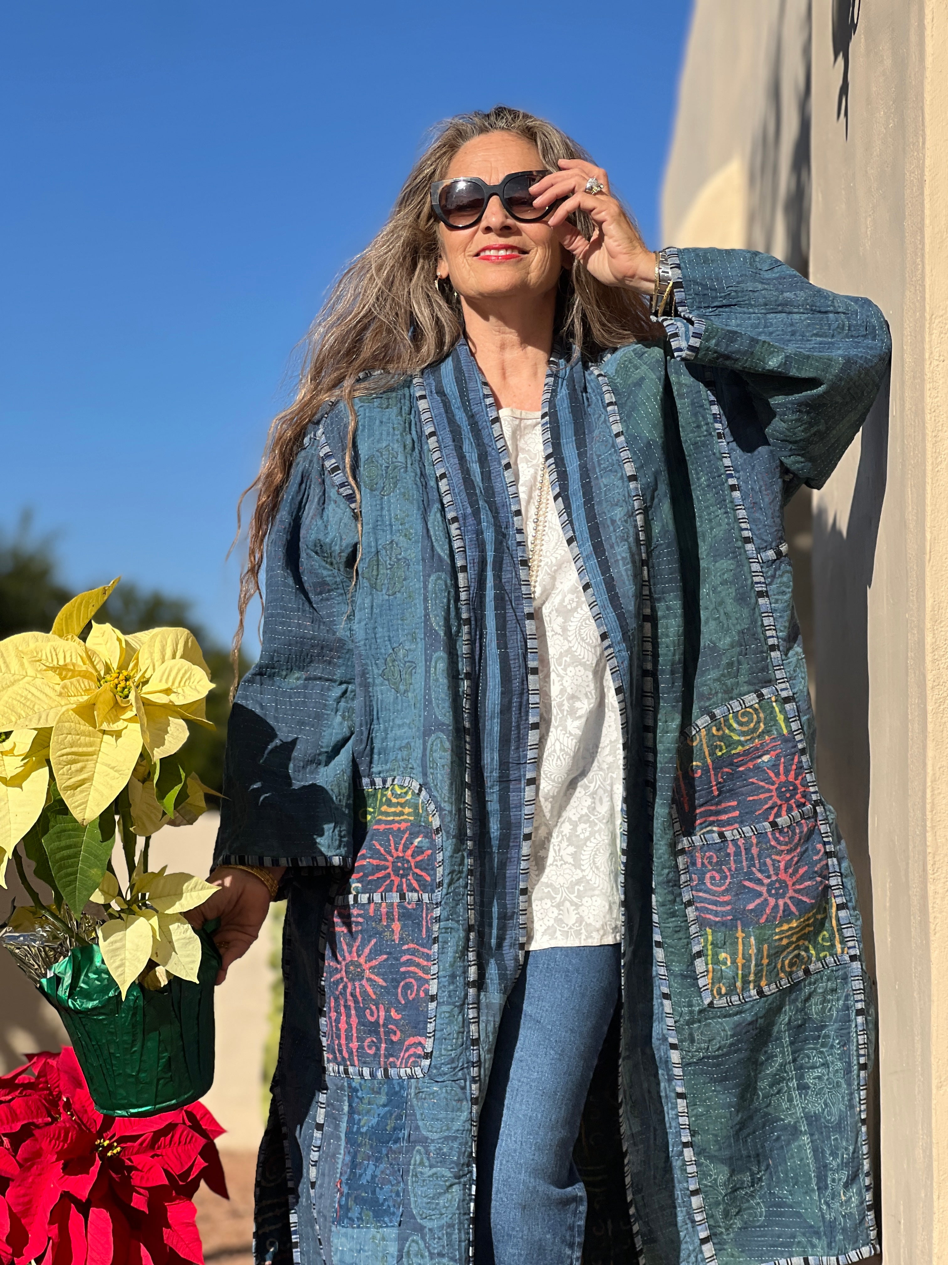 Aesha Indigo Cotton Vintage Quilted Kantha Coat ONE OF KIND