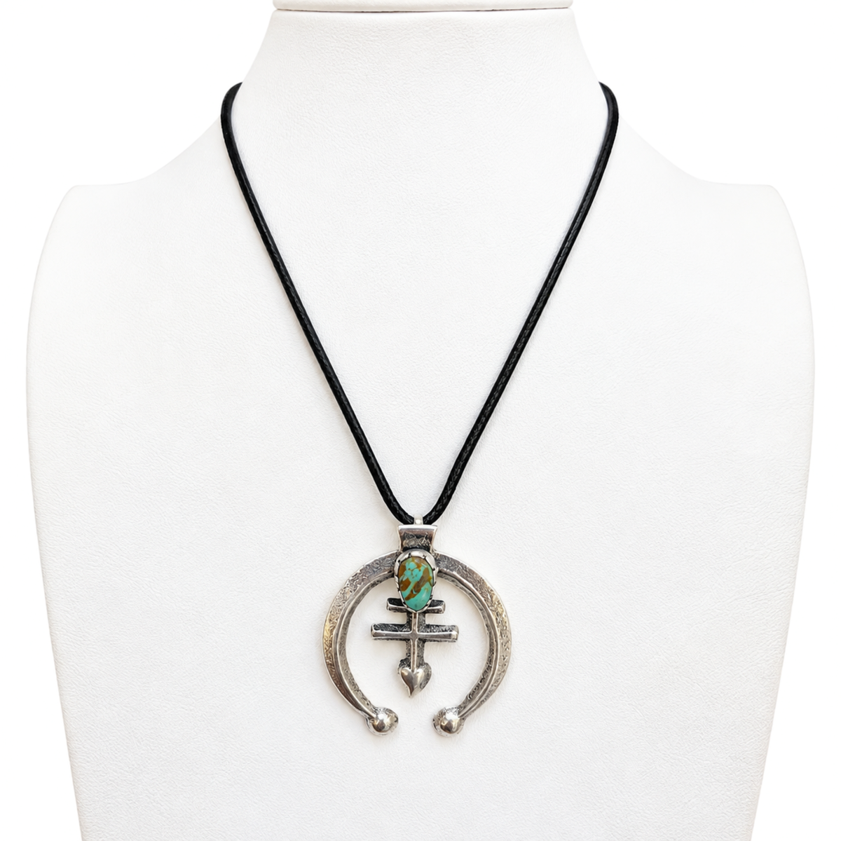 Navajo Pueblo Cross Silver and Kingman Turquoise Pendant Necklace