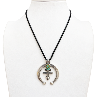 Navajo Pueblo Cross Silver and Kingman Turquoise Pendant Necklace