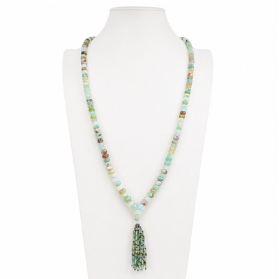 Aqua Chalcedony Faceted Tassel Mala Necklace