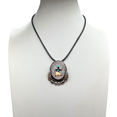 Vintage Zuni Sterling Turquoise, Coral, Onyx, MOP Warrior Pin Pendant Necklace