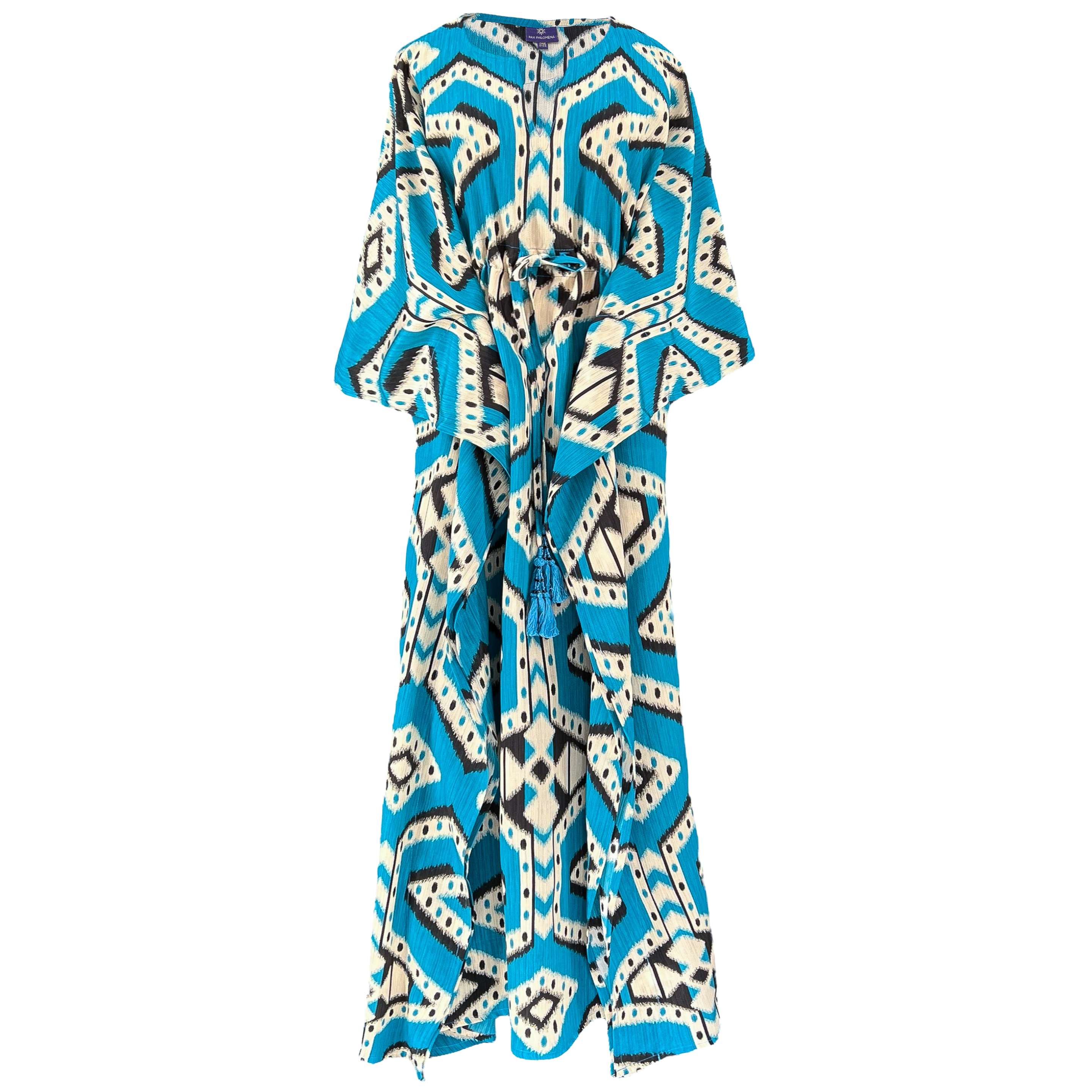 Bukhara Blue Ikat Maxi Kaftan Dress Italian Silk