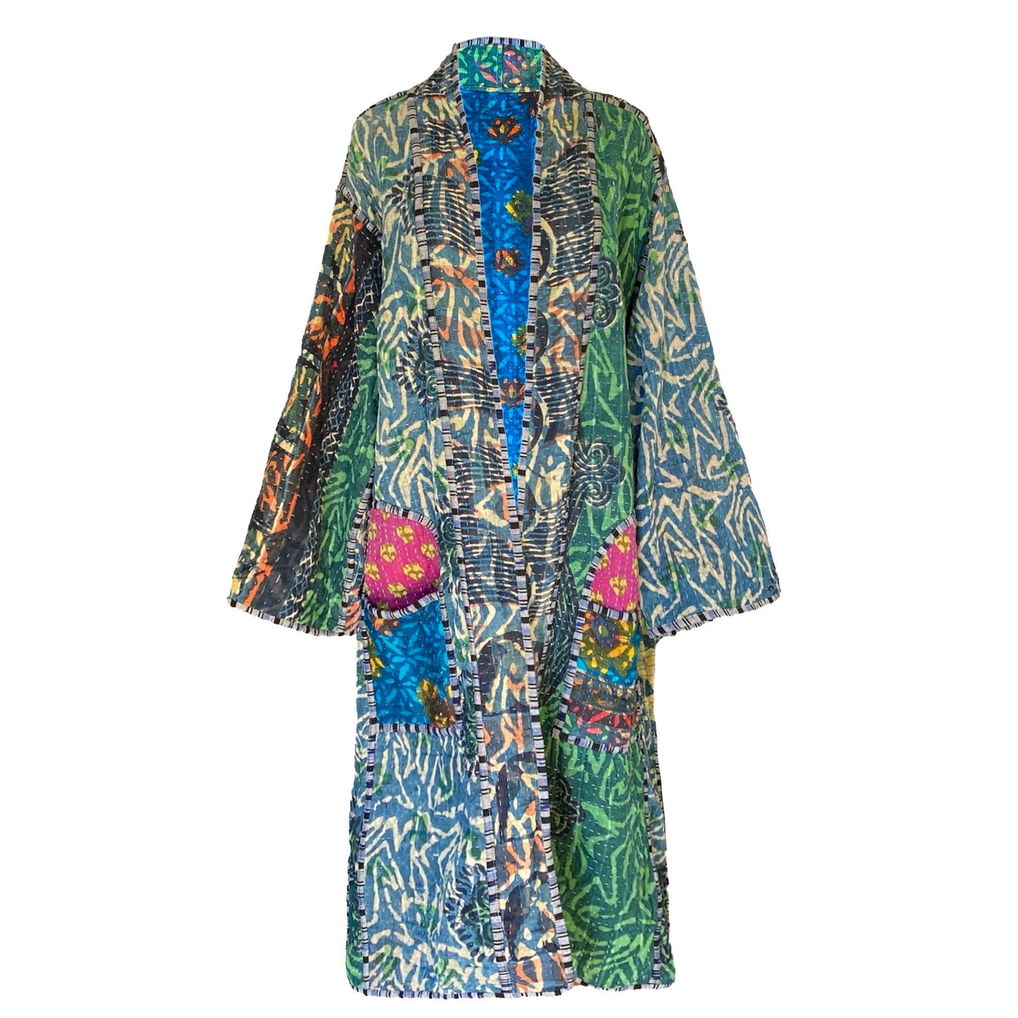 Ganika Indigo Cotton Vintage Quilted Kantha Coat ONE OF KIND