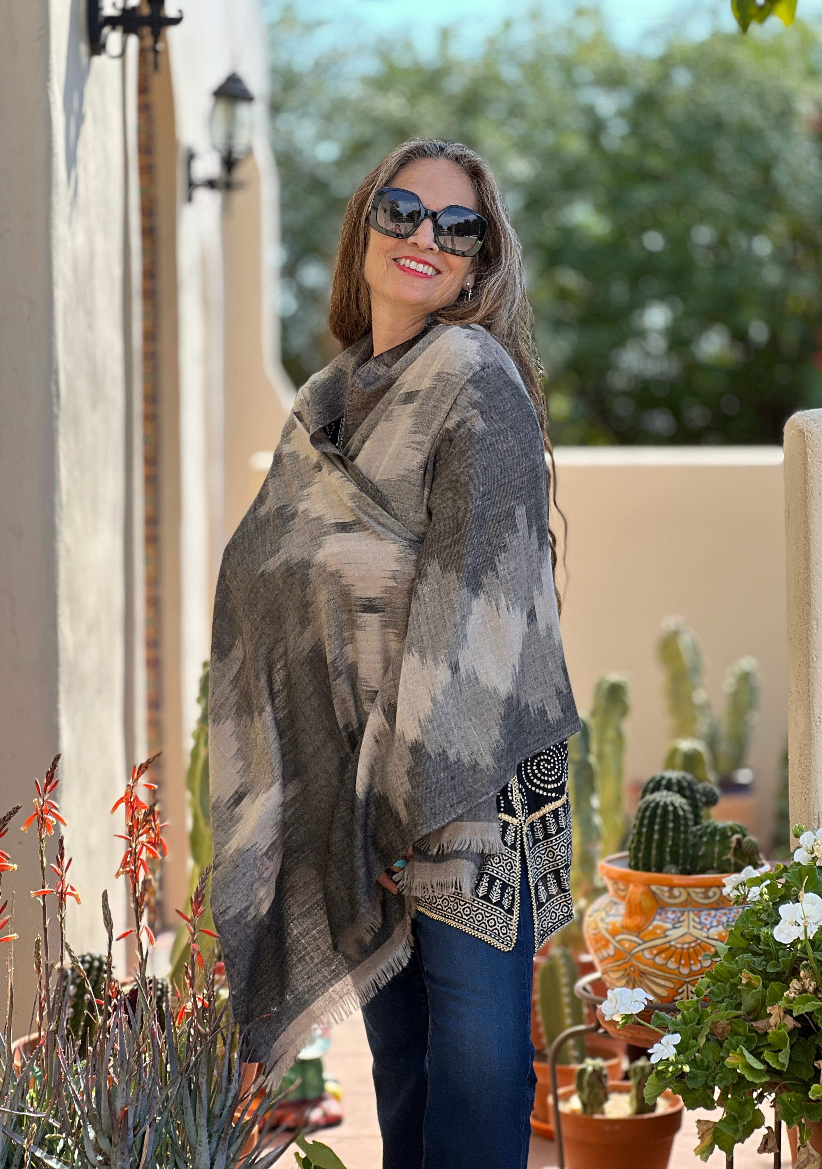 Nancowry Neutral Ikat Pashmina Shawl One of a Kind