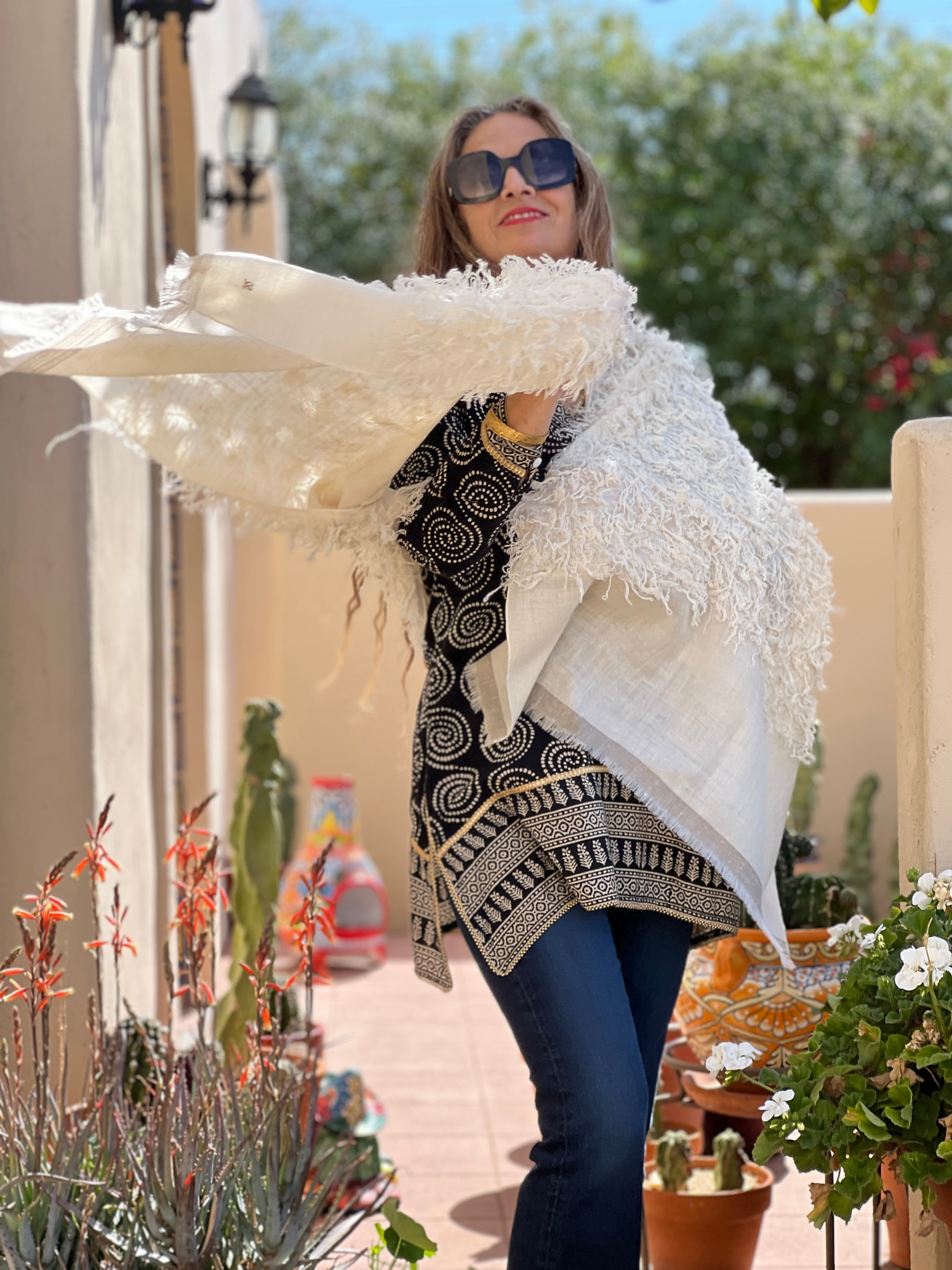 Feathered Kashmiri Natural Pashmina Shawl with Taupe Trim One of A Kind