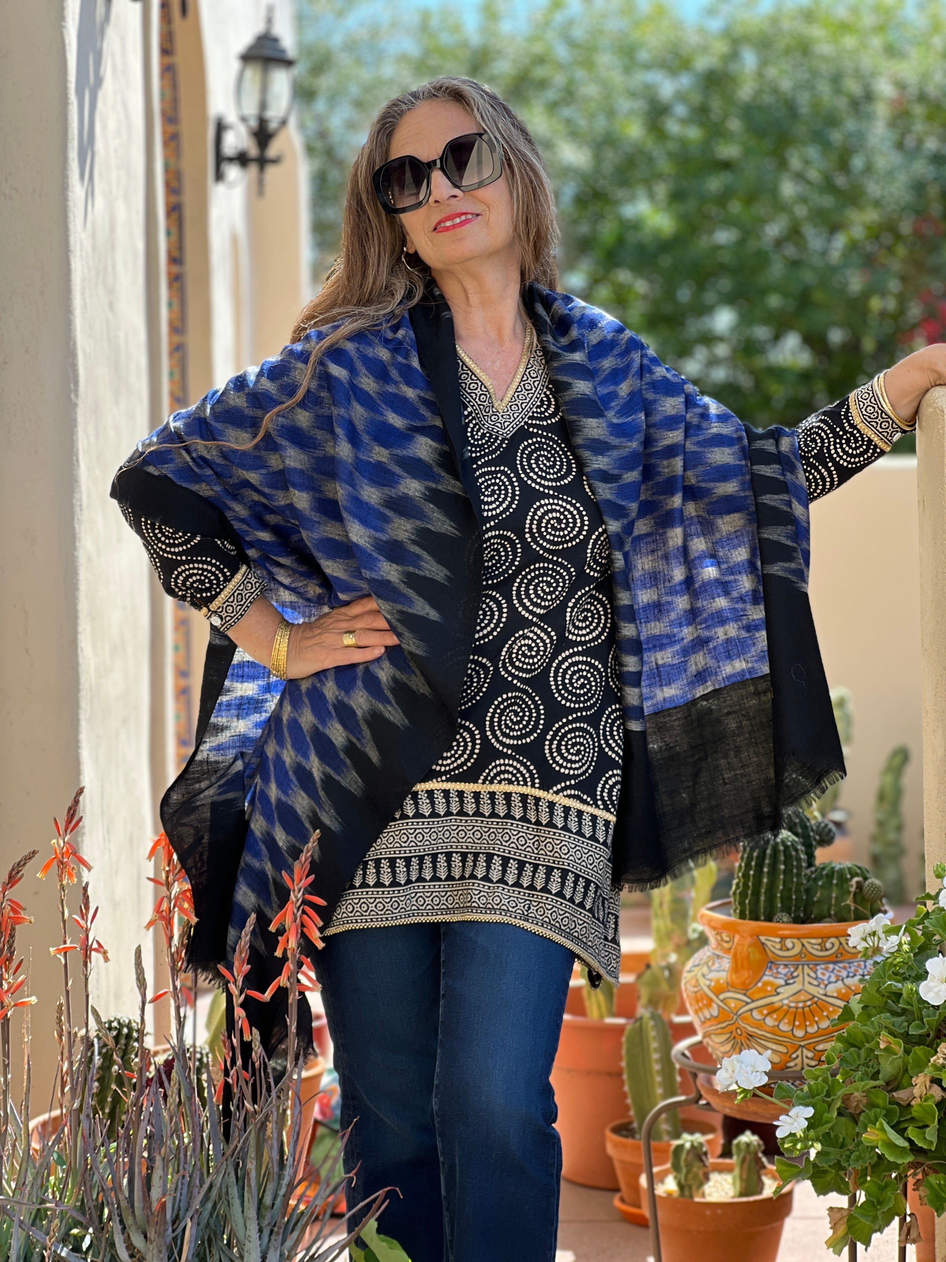 Netrani Navy Ikat Pashmina Shawl One of A Kind