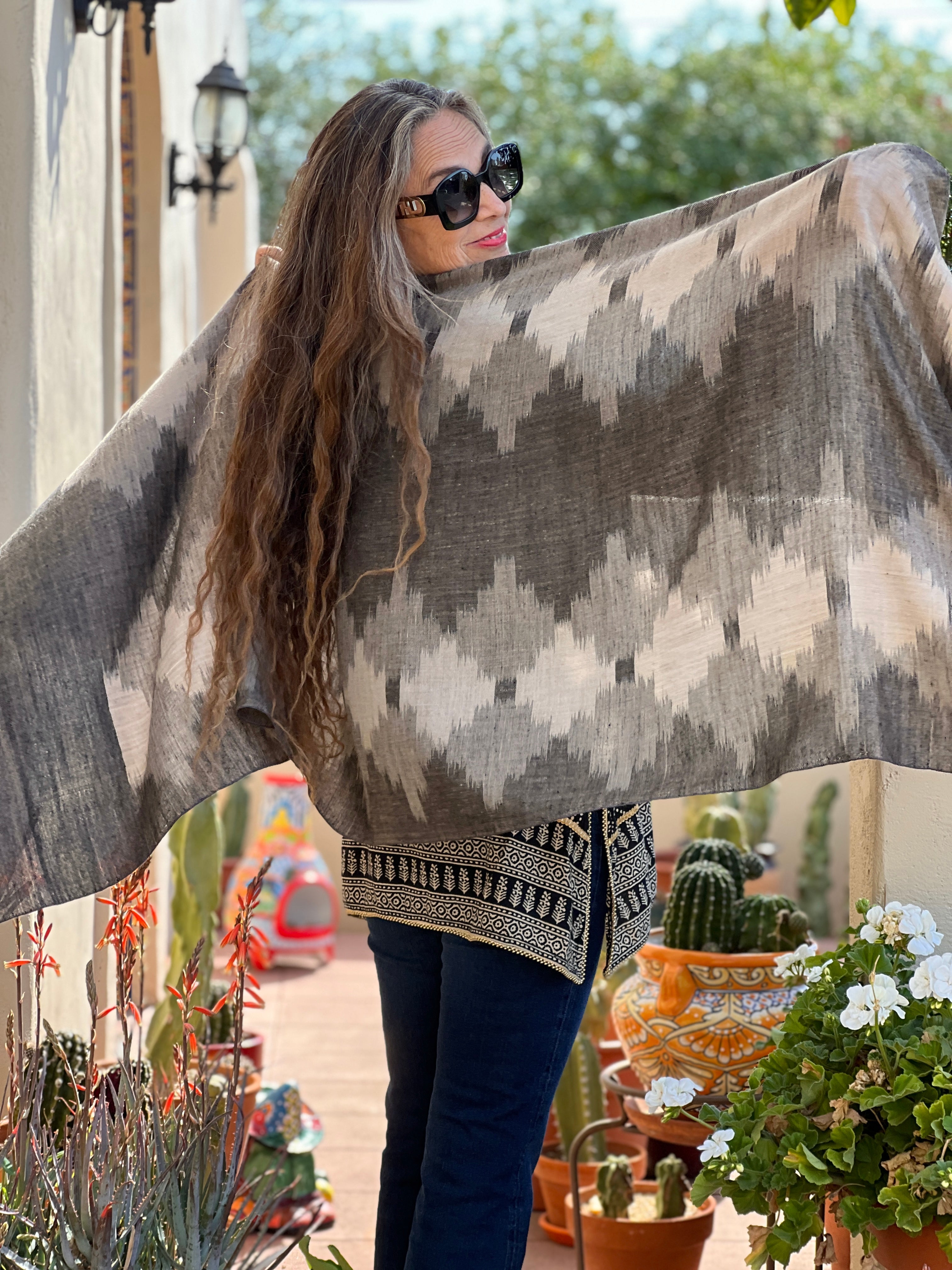 Nancowry Neutral Ikat Pashmina Shawl One of a Kind