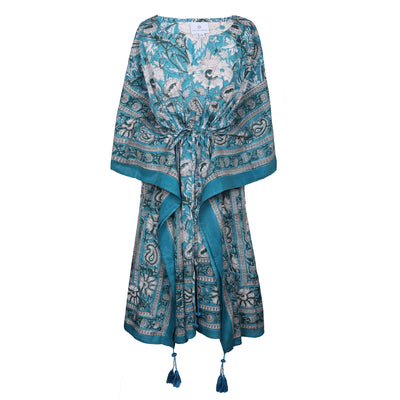 Aegean Blue Floral Midi Kaftan Dress